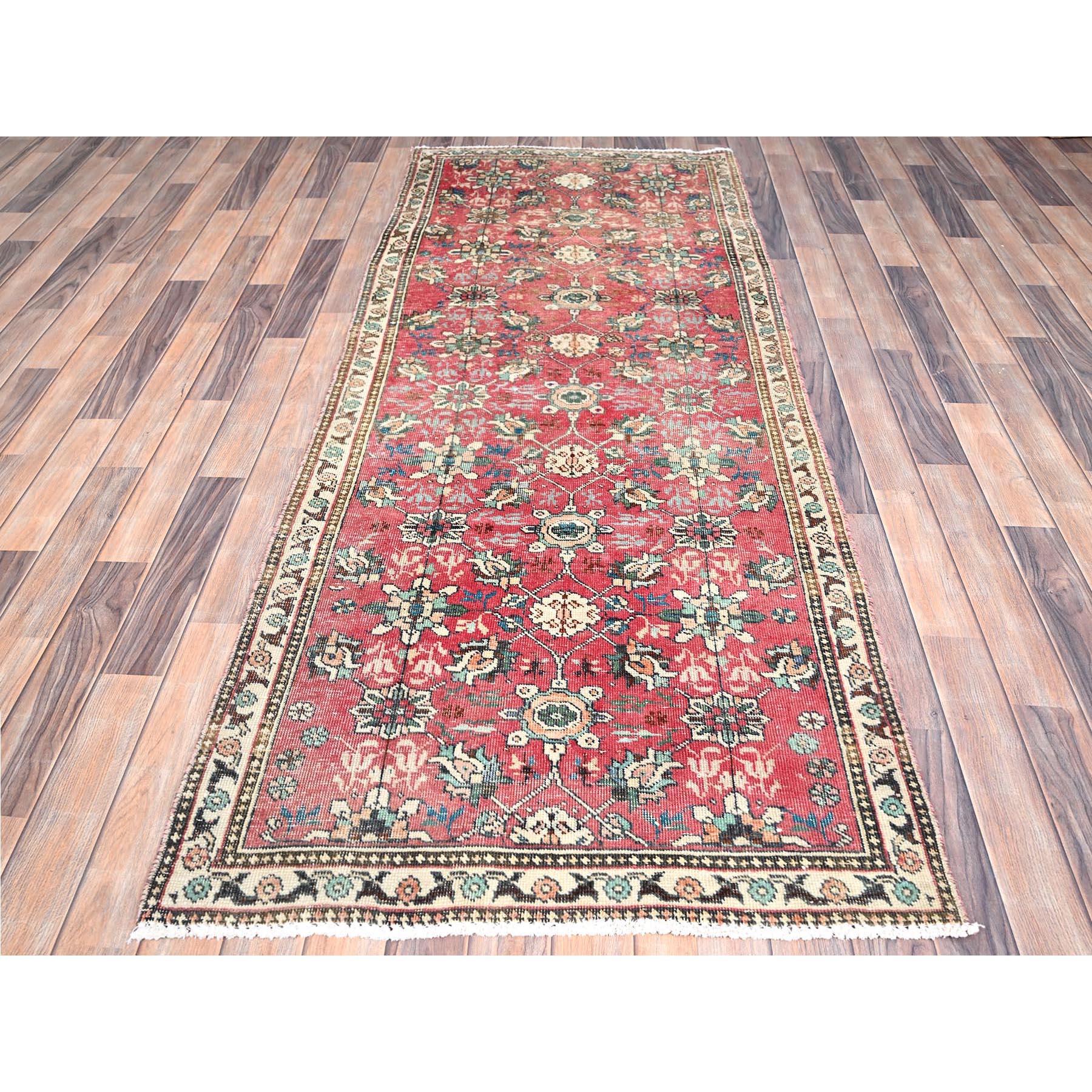 Medieval Red Vintage Persian Tabriz Distressed Vibrant Wool Hand Knotted Clean Runner Rug For Sale