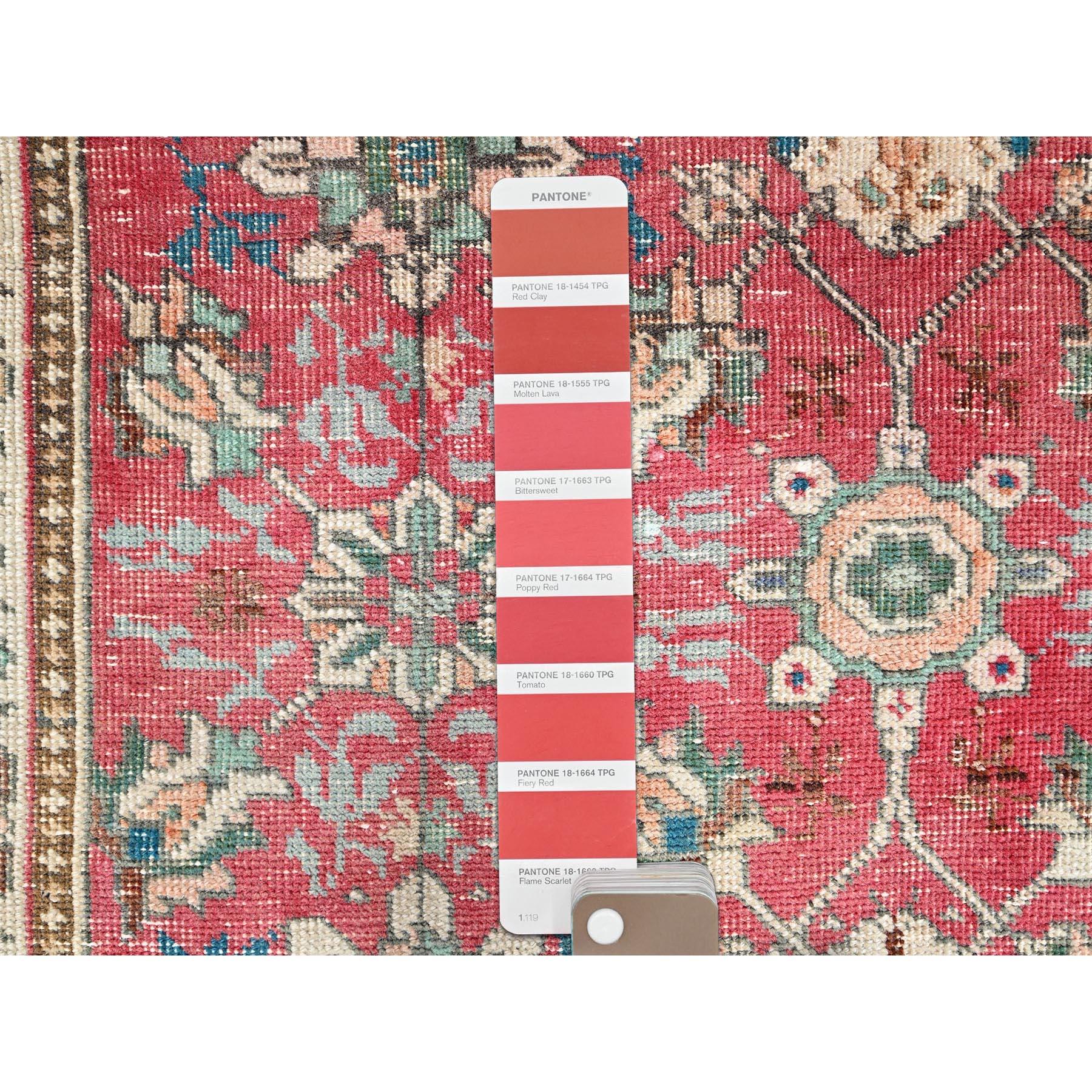 Red Vintage Persian Tabriz Distressed Vibrant Wool Hand Knotted Clean Runner Rug In Good Condition For Sale In Carlstadt, NJ
