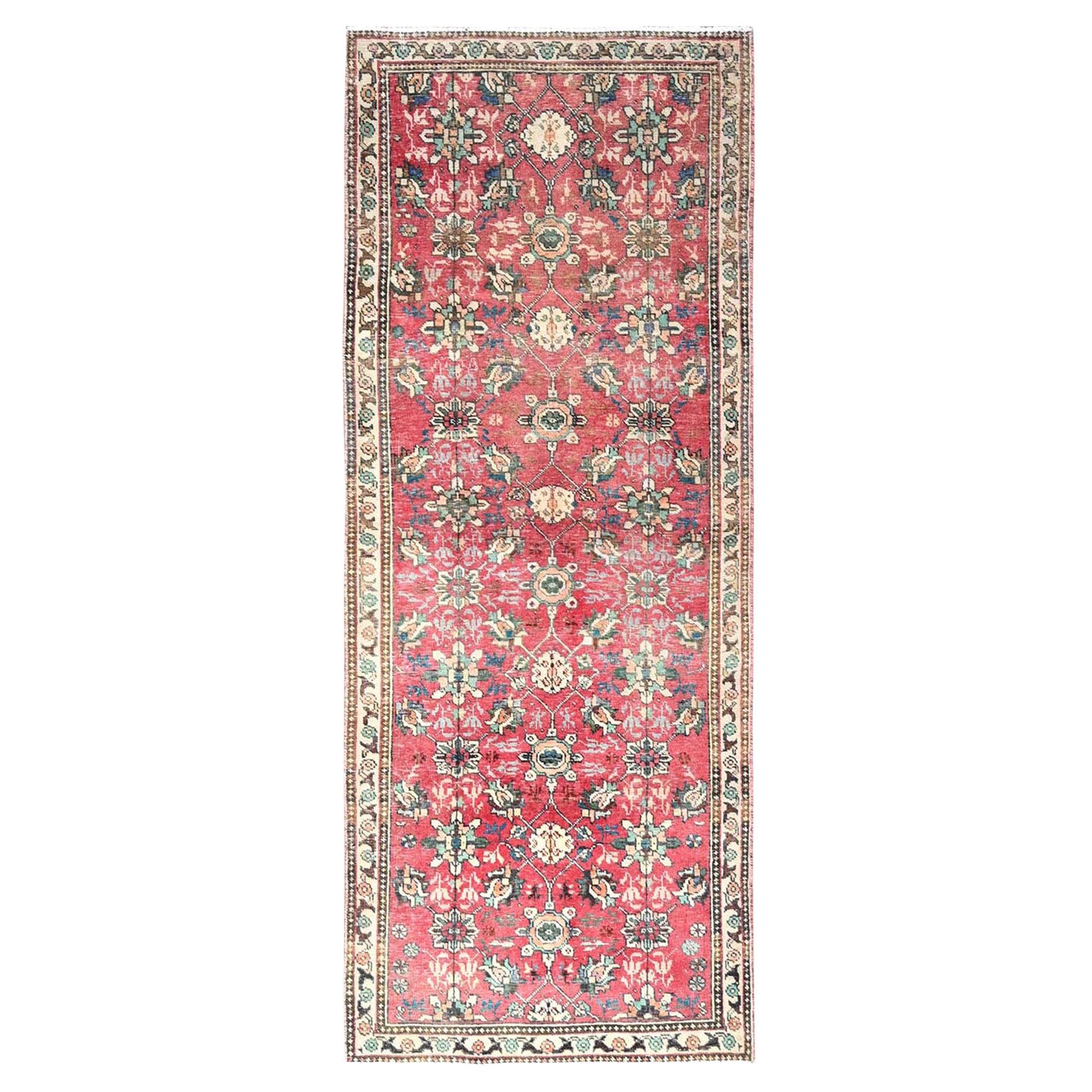 Red Vintage Persian Tabriz Distressed Vibrant Wool Hand Knotted Clean Runner Rug For Sale