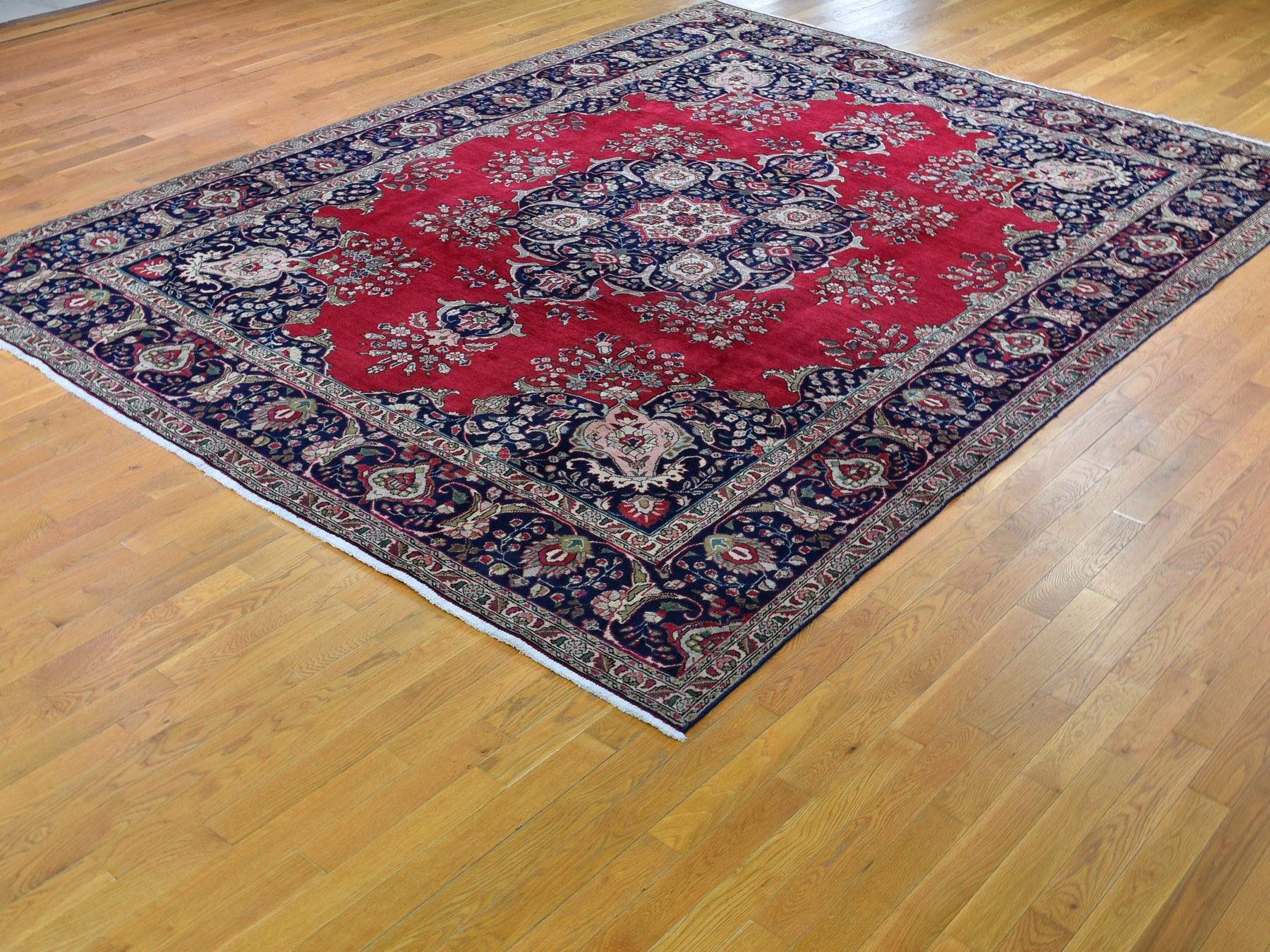 Hand-Knotted Red Vintage Persian Tabriz Open Field with Medallion Hand Knotted Oriental Rug