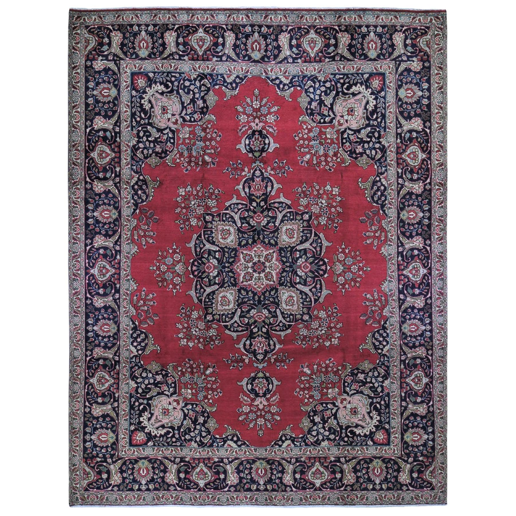 Red Vintage Persian Tabriz Open Field with Medallion Hand Knotted Oriental Rug