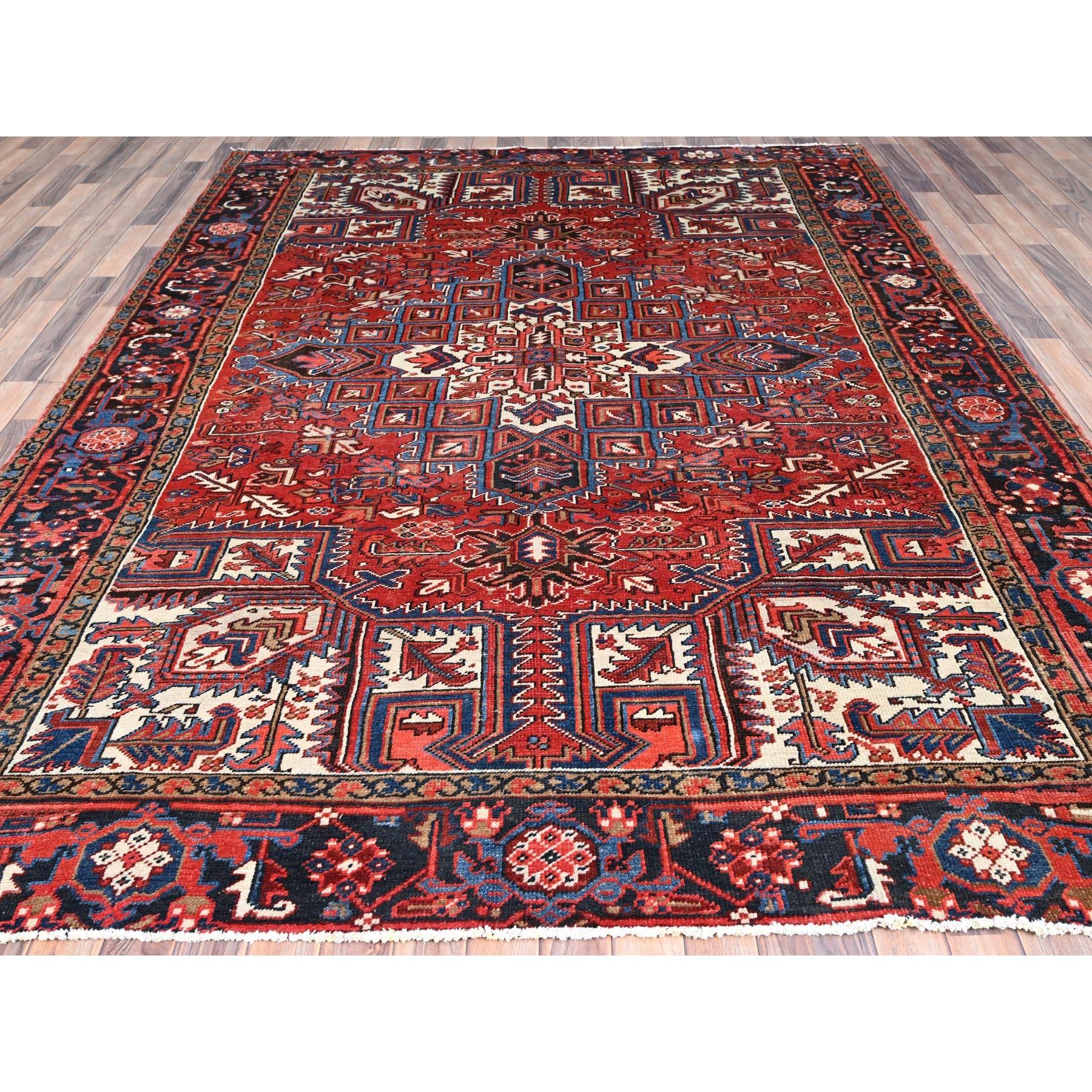 Hand-Knotted Red Vintage Pure Wool Persian Heriz Sides and Ends Cleaned Hand Knotted Rug For Sale