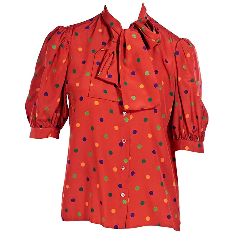 Saint Laurent Rive Gauche Red Polka Dot-Patterned Blouse For Sale at ...