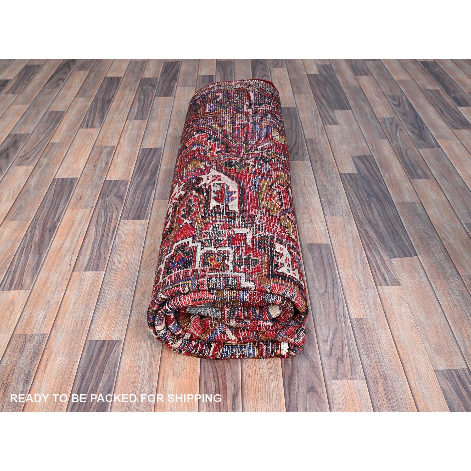 Red Vintage Shiny Wool Persian Heriz Design Hand Knotted Clean Worn Down Rug For Sale 4