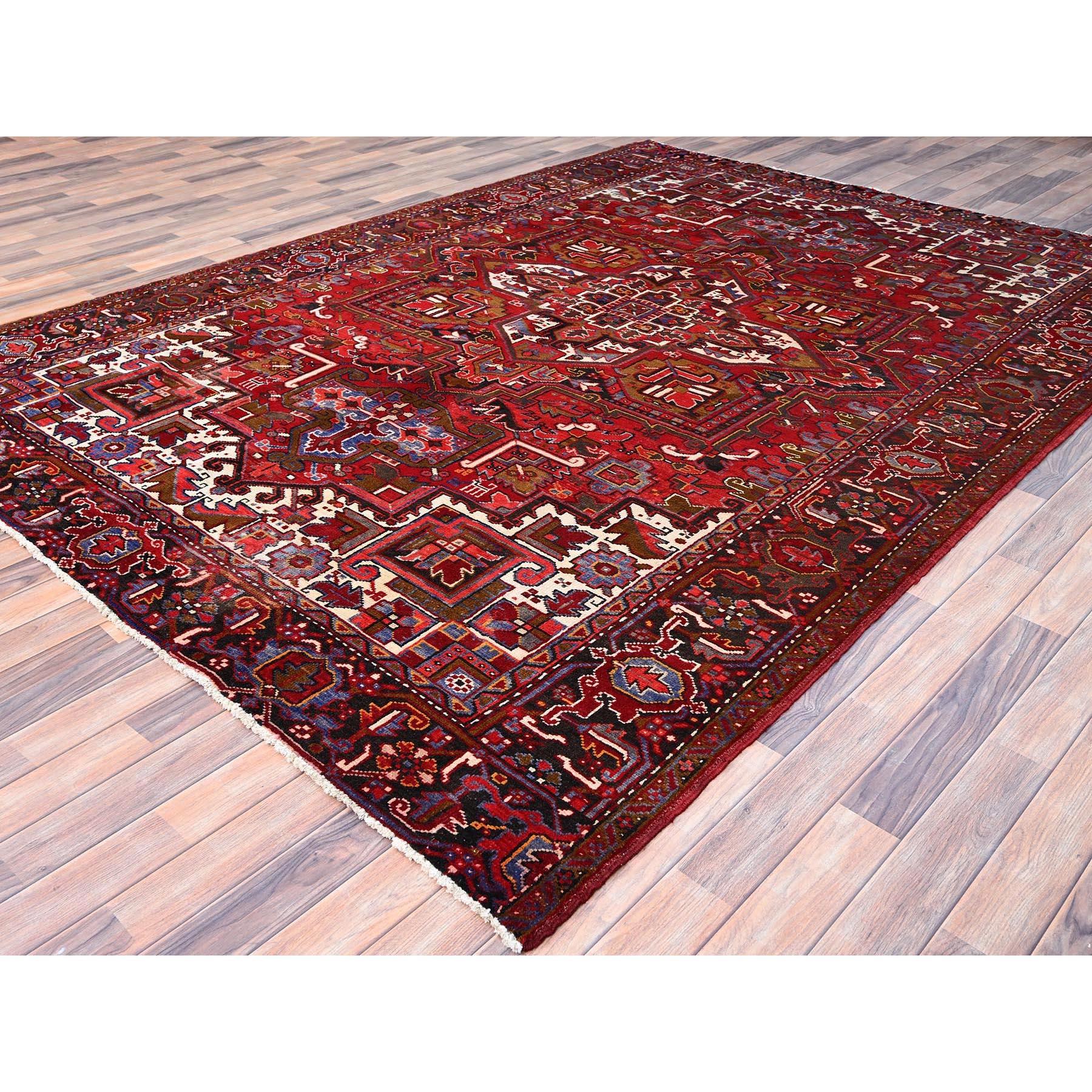 Hand-Knotted Red Vintage Shiny Wool Persian Heriz Design Hand Knotted Clean Worn Down Rug For Sale