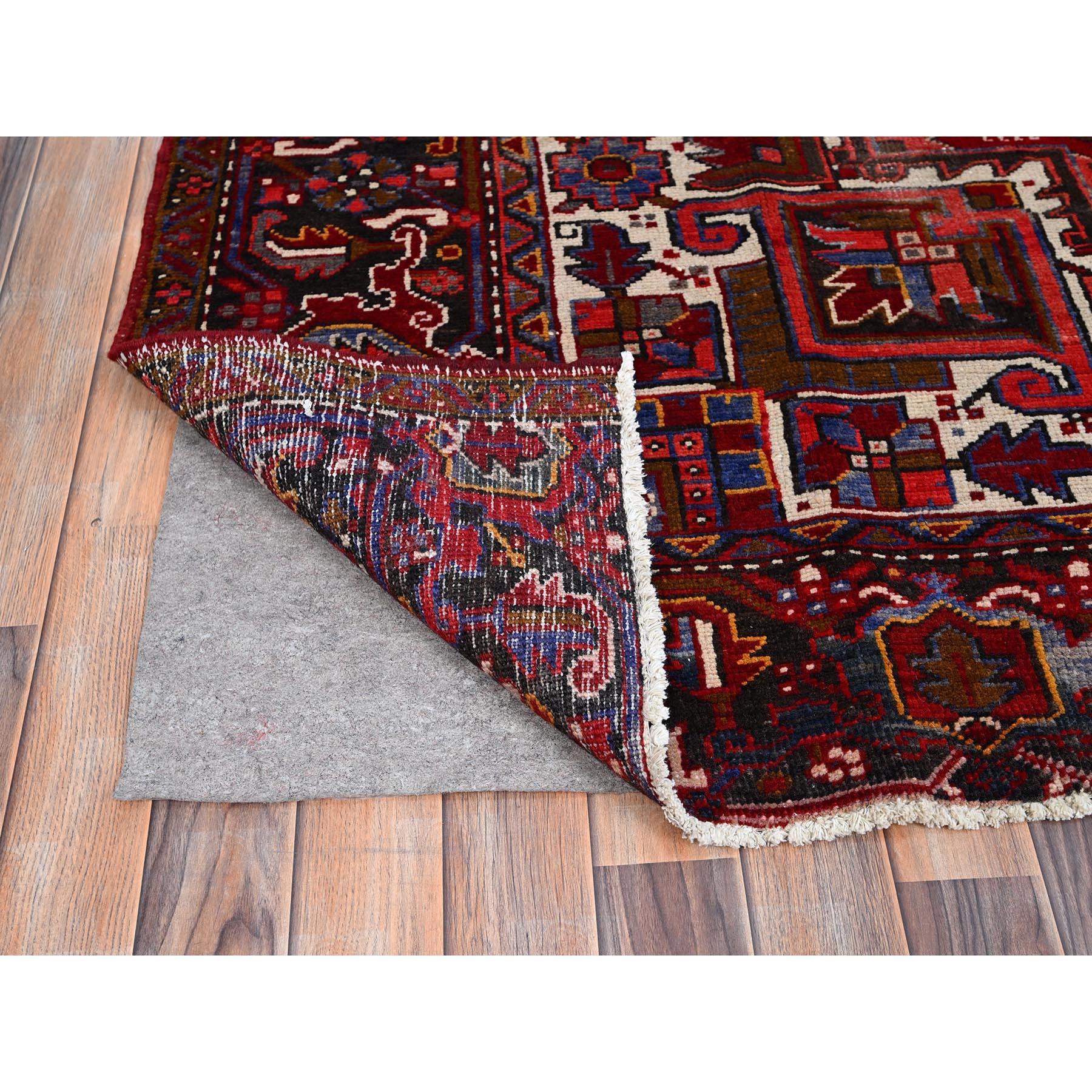 Red Vintage Shiny Wool Persian Heriz Design Hand Knotted Clean Worn Down Rug In Good Condition For Sale In Carlstadt, NJ