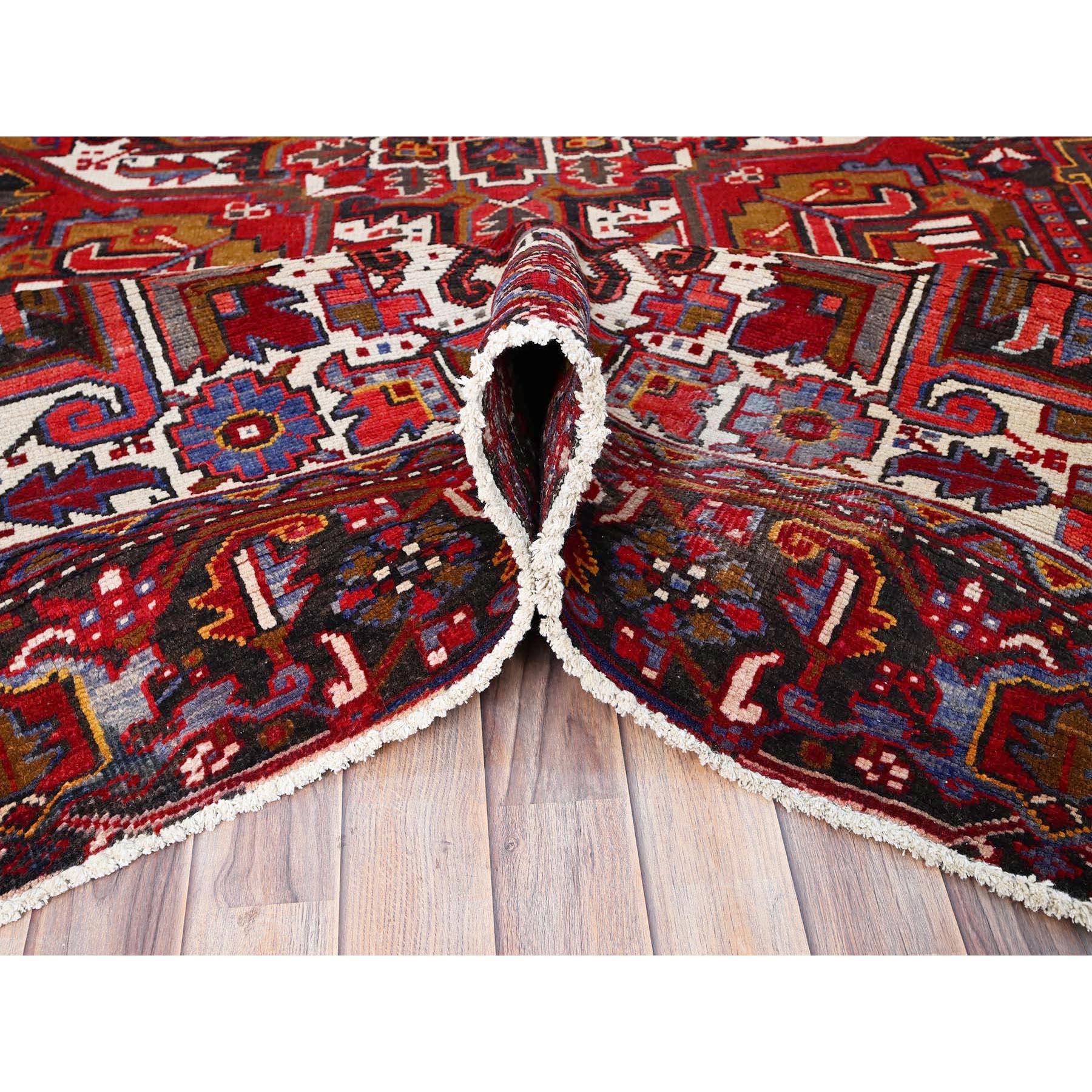 Mid-20th Century Red Vintage Shiny Wool Persian Heriz Design Hand Knotted Clean Worn Down Rug For Sale