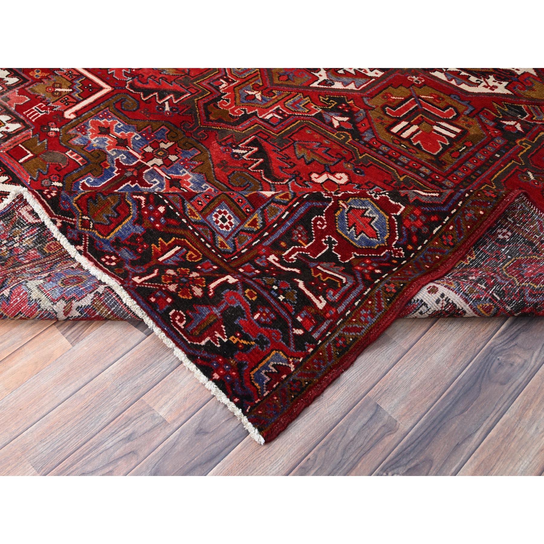 Red Vintage Shiny Wool Persian Heriz Design Hand Knotted Clean Worn Down Rug For Sale 1