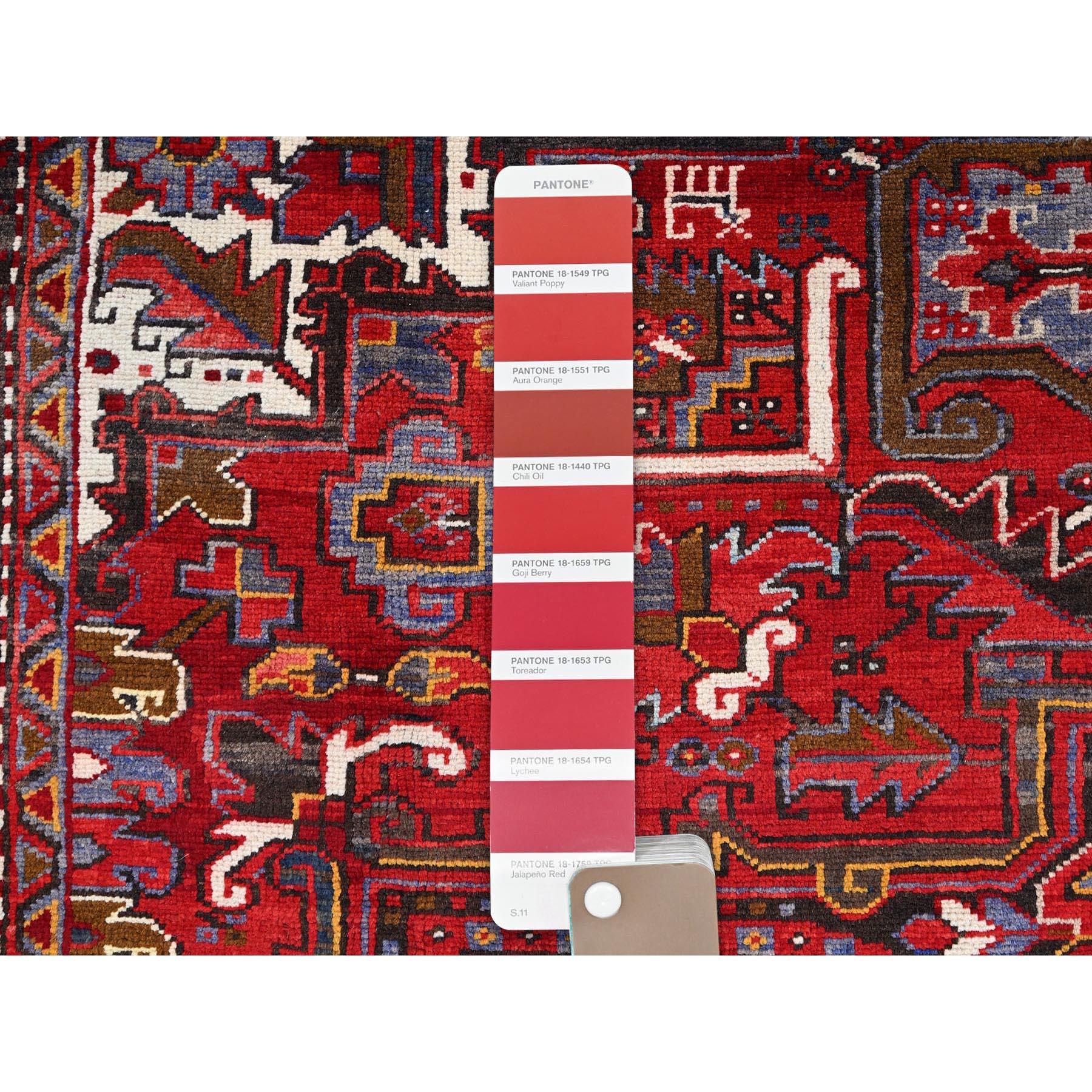 Red Vintage Shiny Wool Persian Heriz Design Hand Knotted Clean Worn Down Rug For Sale 2