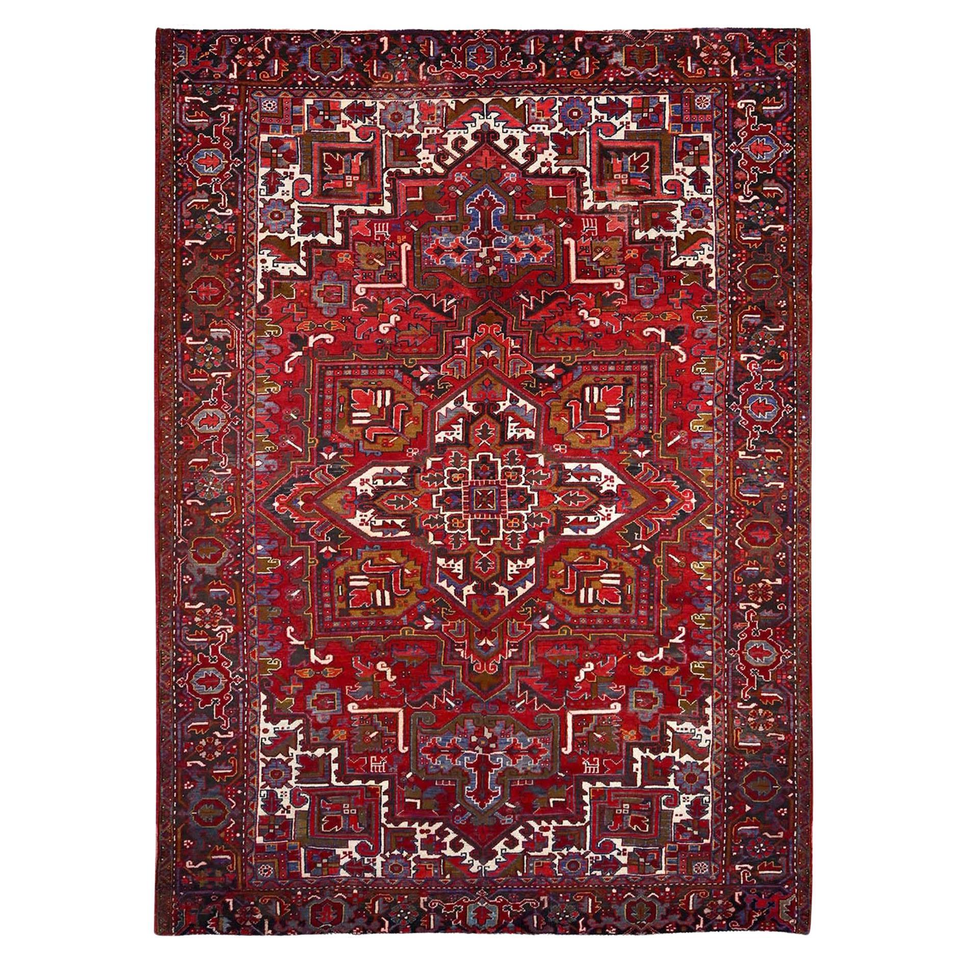 Red Vintage Shiny Wool Persian Heriz Design Hand Knotted Clean Worn Down Rug For Sale