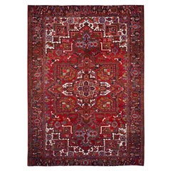 Red Retro Shiny Wool Persian Heriz Design Hand Knotted Clean Worn Down Rug