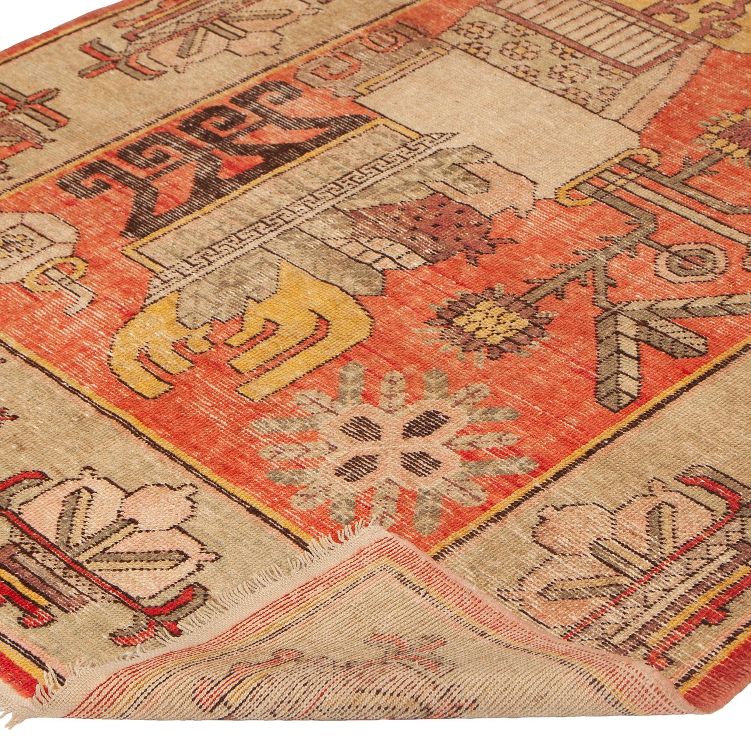 Mongolian abc carpet Red Vintage Traditional Kohtan Wool Rug - 4'3