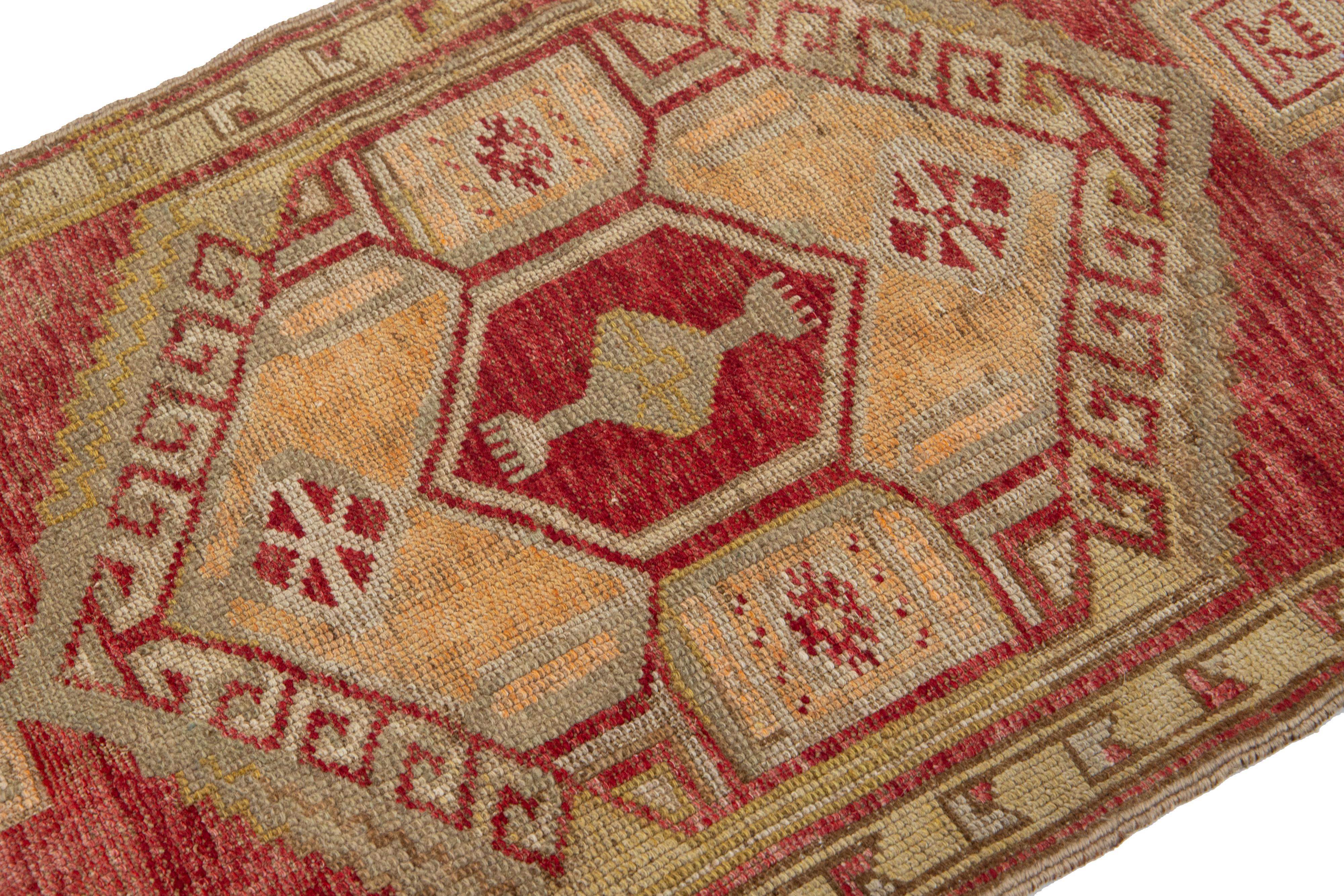 Mid-Century Modern Red Vintage Turkish Anatolian Handmade Geometric Designed Wool Rug For Sale