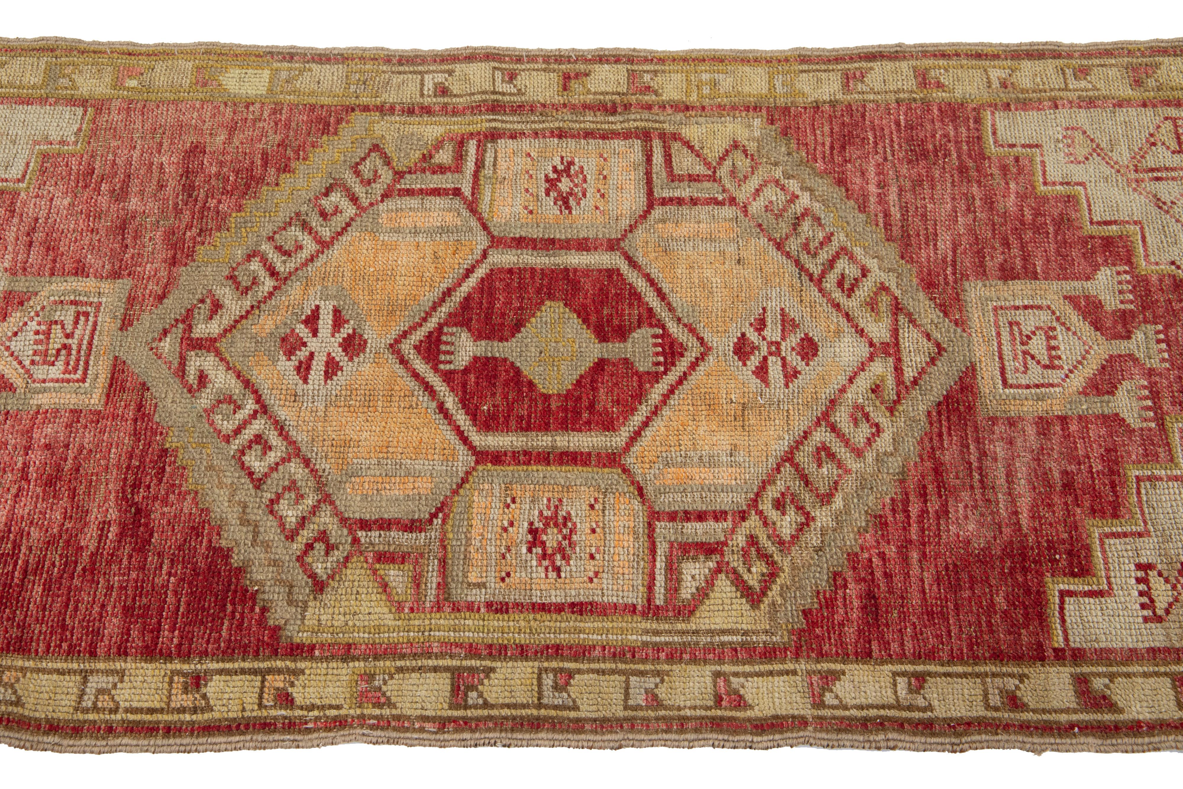 Hand-Knotted Red Vintage Turkish Anatolian Handmade Geometric Designed Wool Rug For Sale