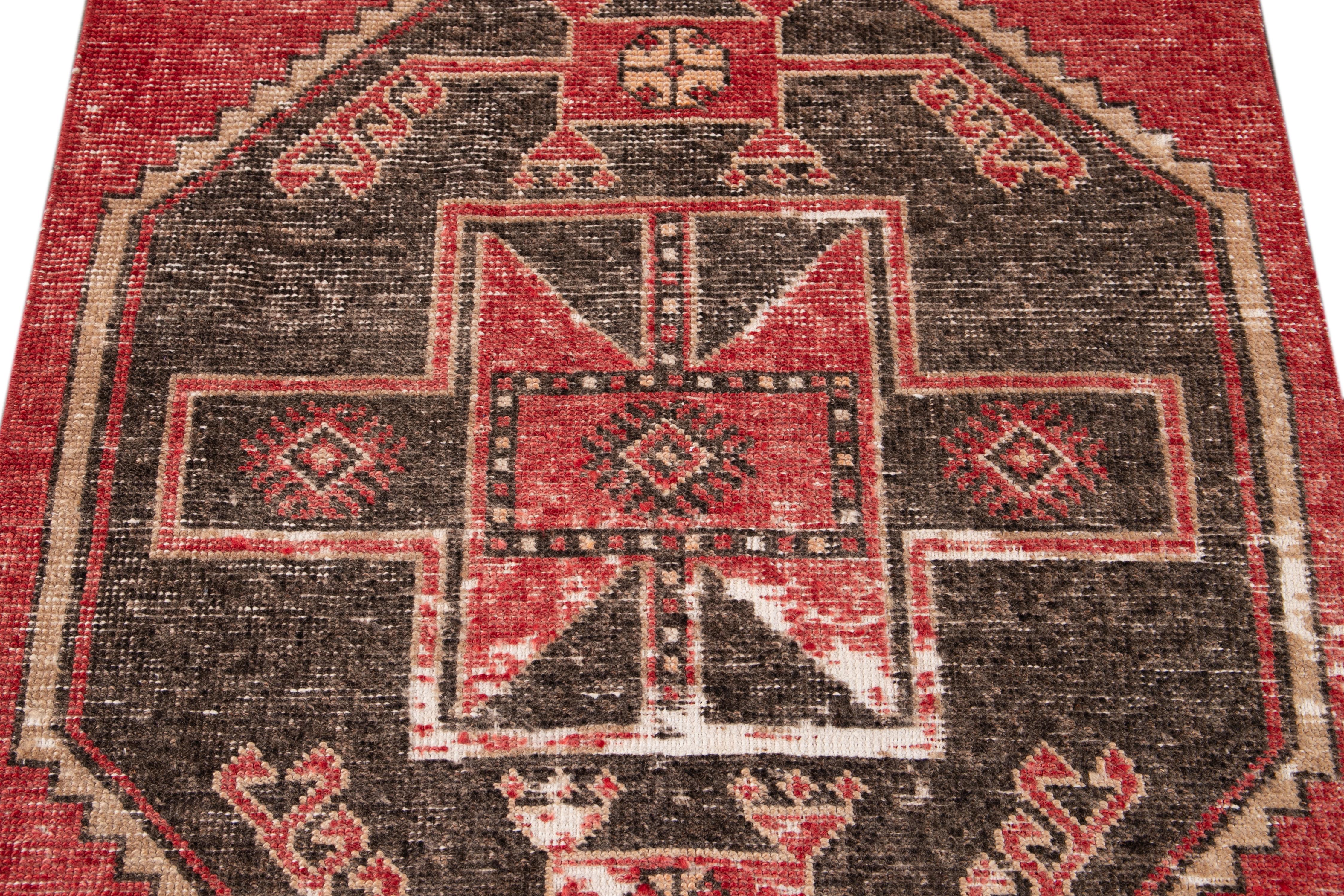 Red Vintage Turkish Geometric Wool Runner For Sale 5