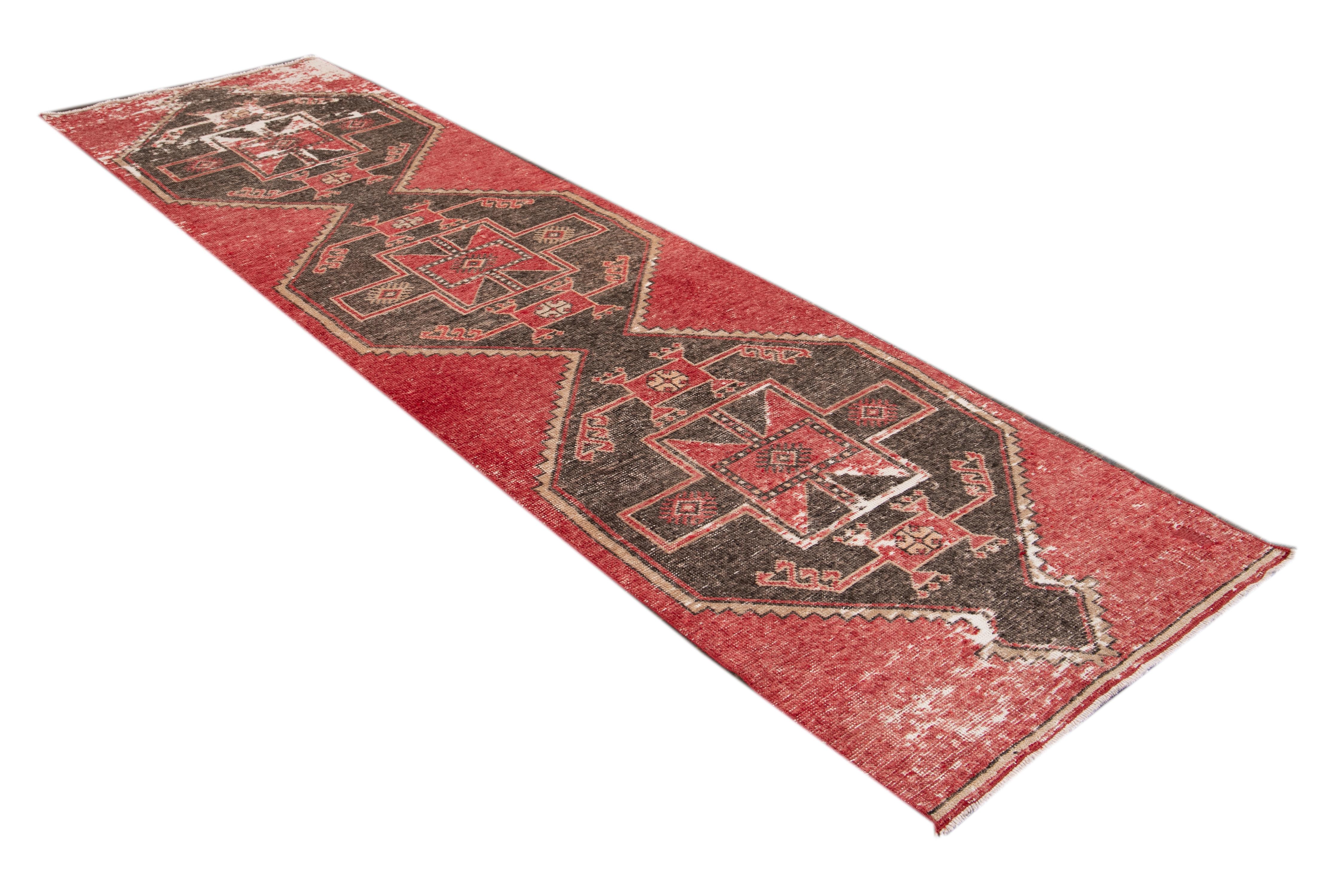 Red Vintage Turkish Geometric Wool Runner For Sale 6