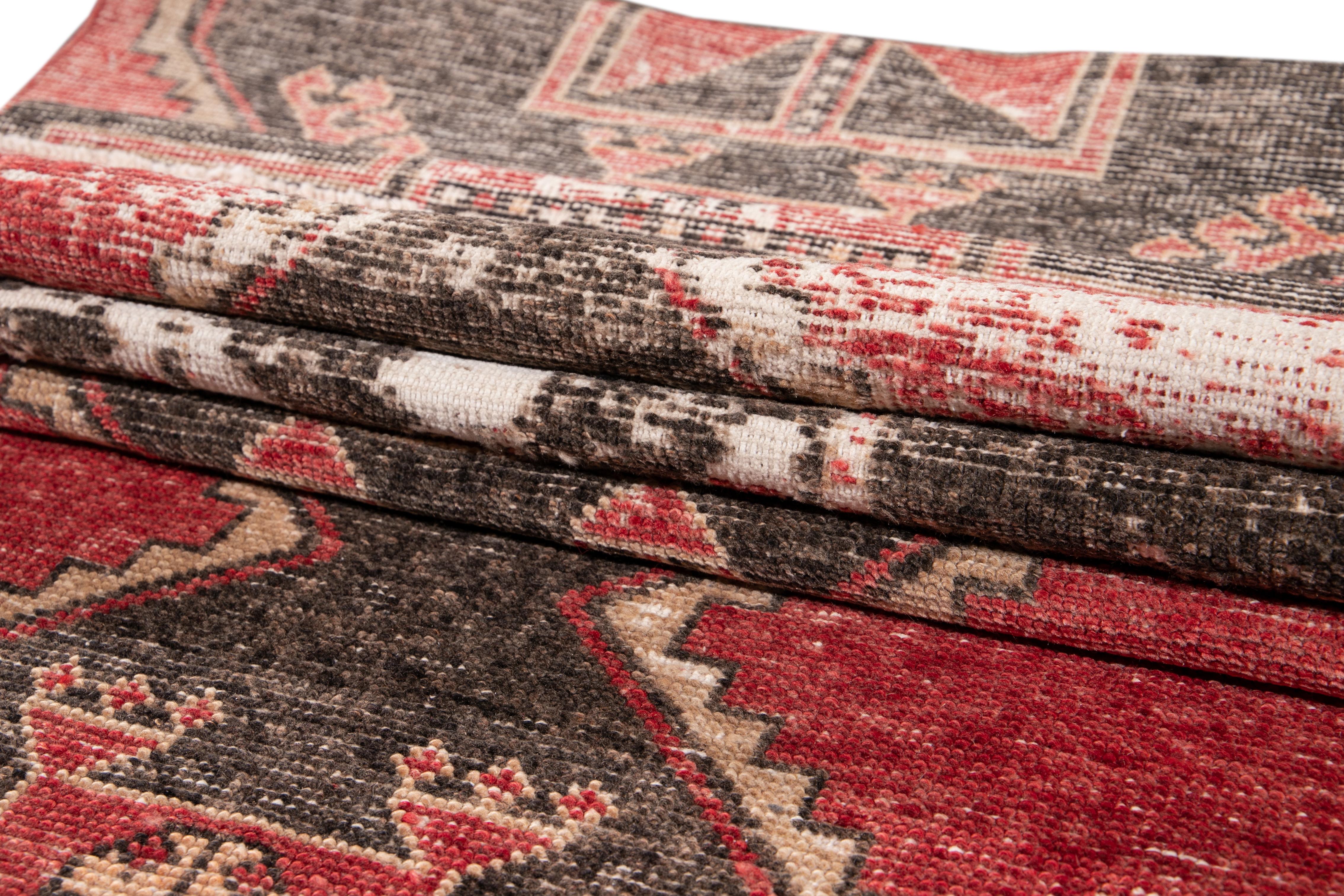 Red Vintage Turkish Geometric Wool Runner For Sale 8