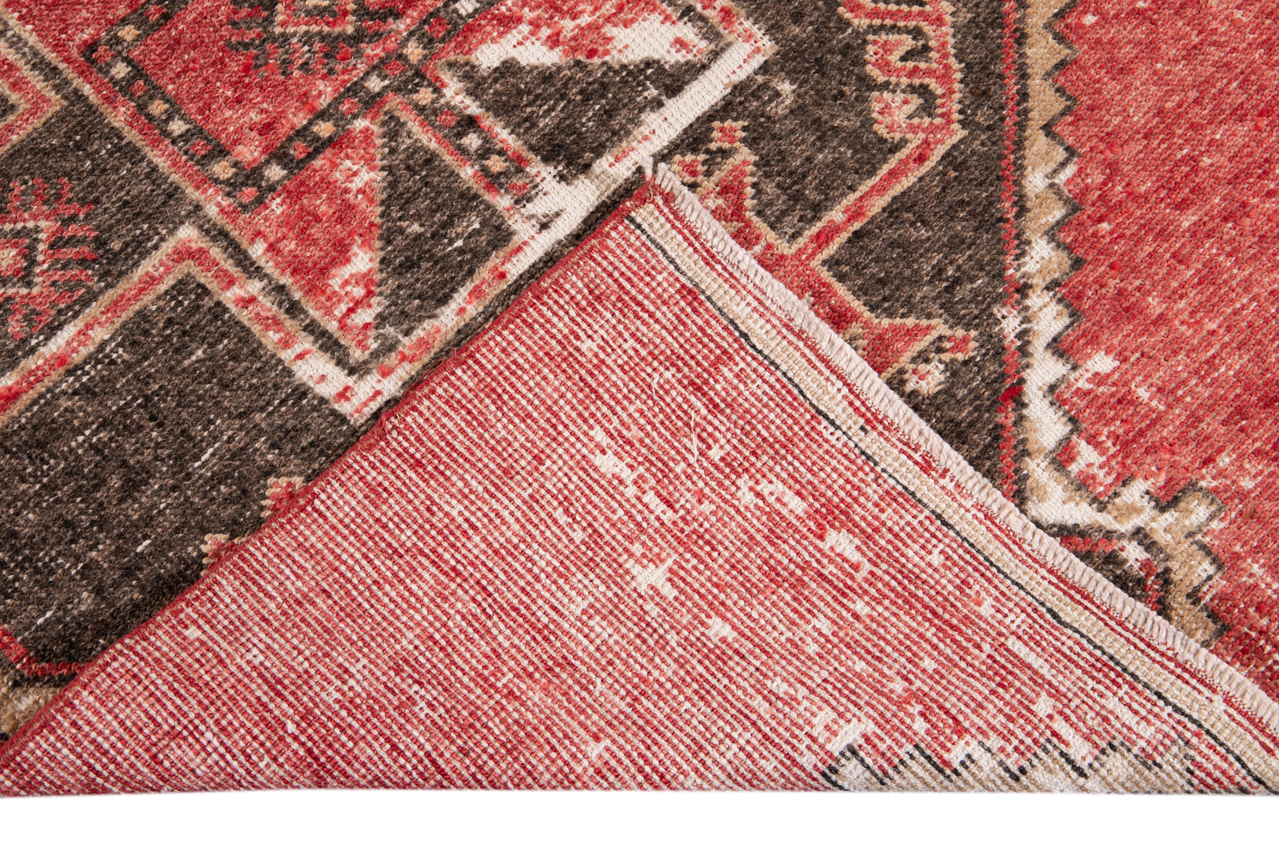 Red Vintage Turkish Geometric Wool Runner For Sale 9