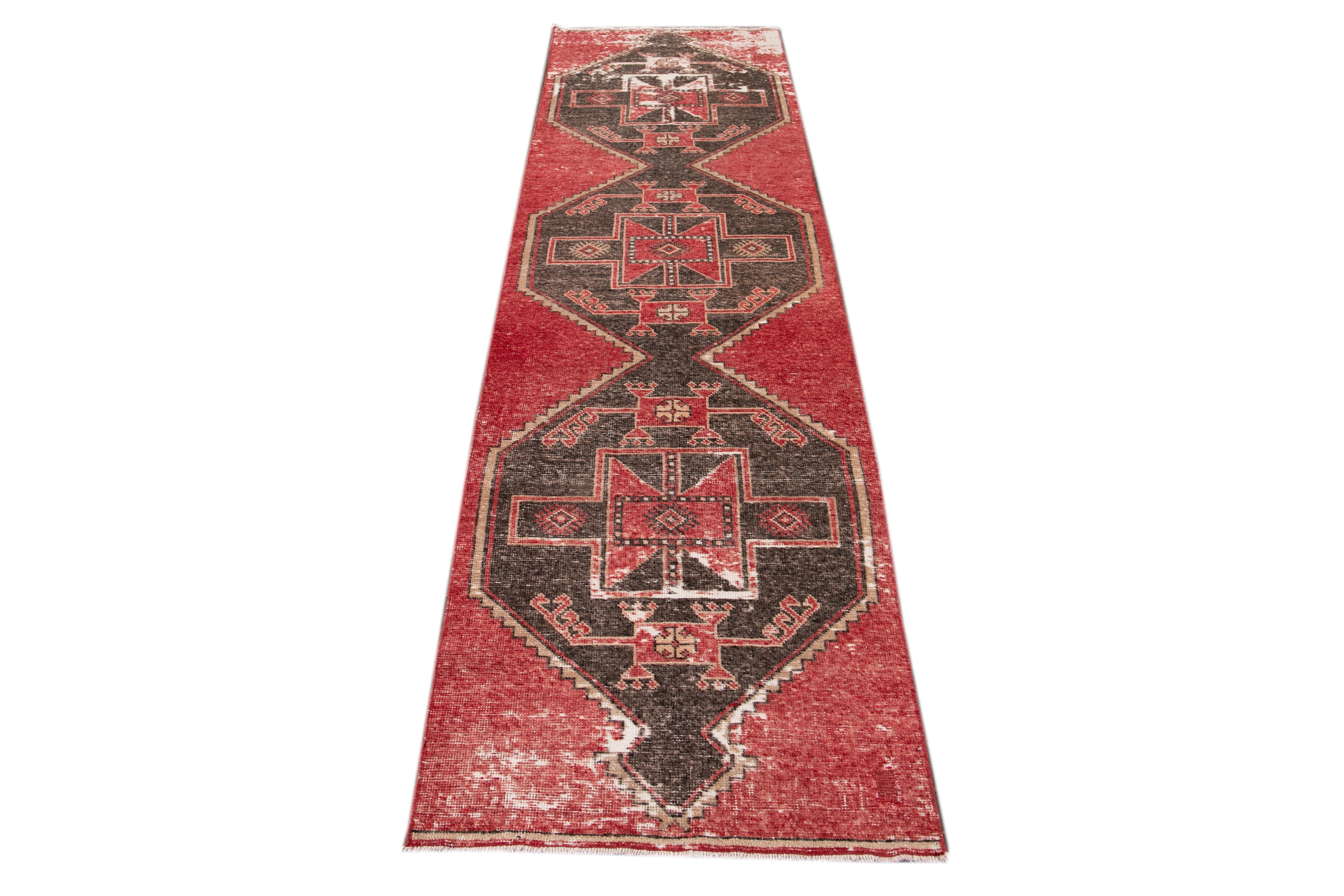 Hand-Knotted Red Vintage Turkish Geometric Wool Runner For Sale