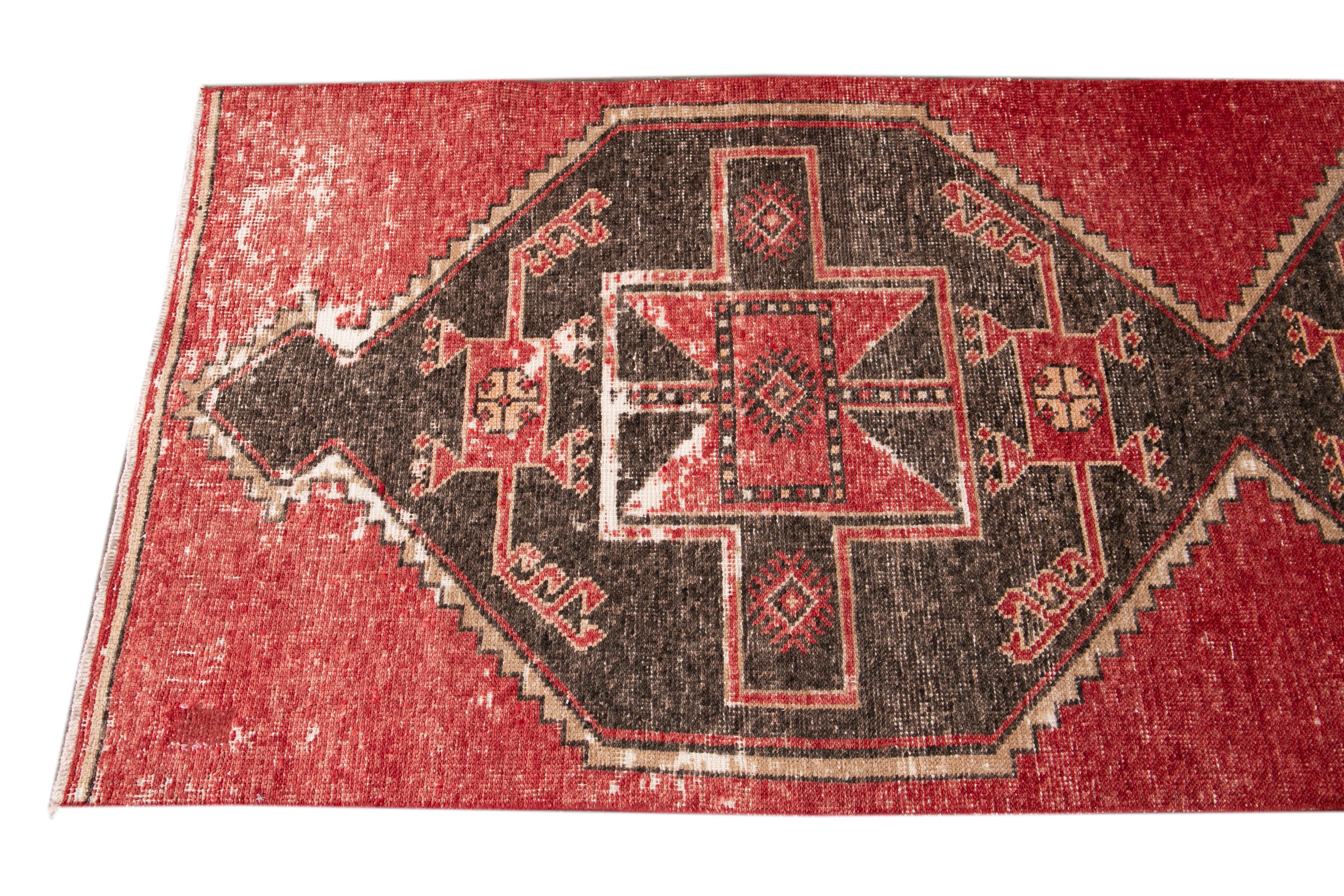 Red Vintage Turkish Geometric Wool Runner For Sale 2