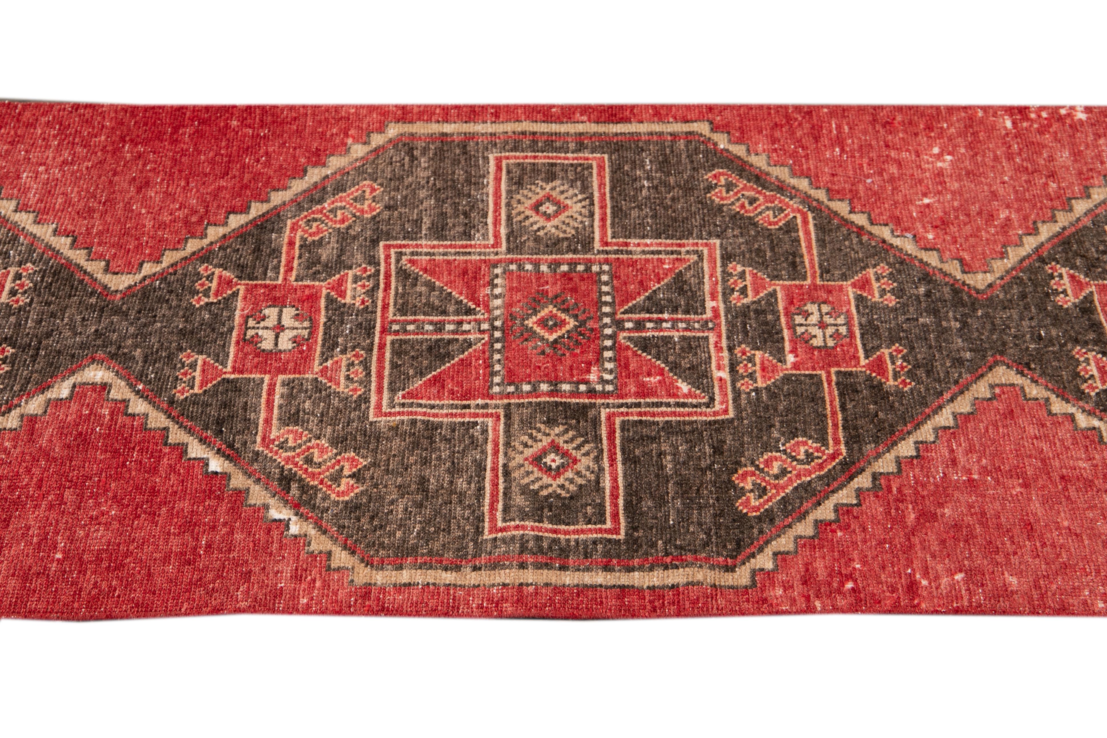 Red Vintage Turkish Geometric Wool Runner For Sale 3