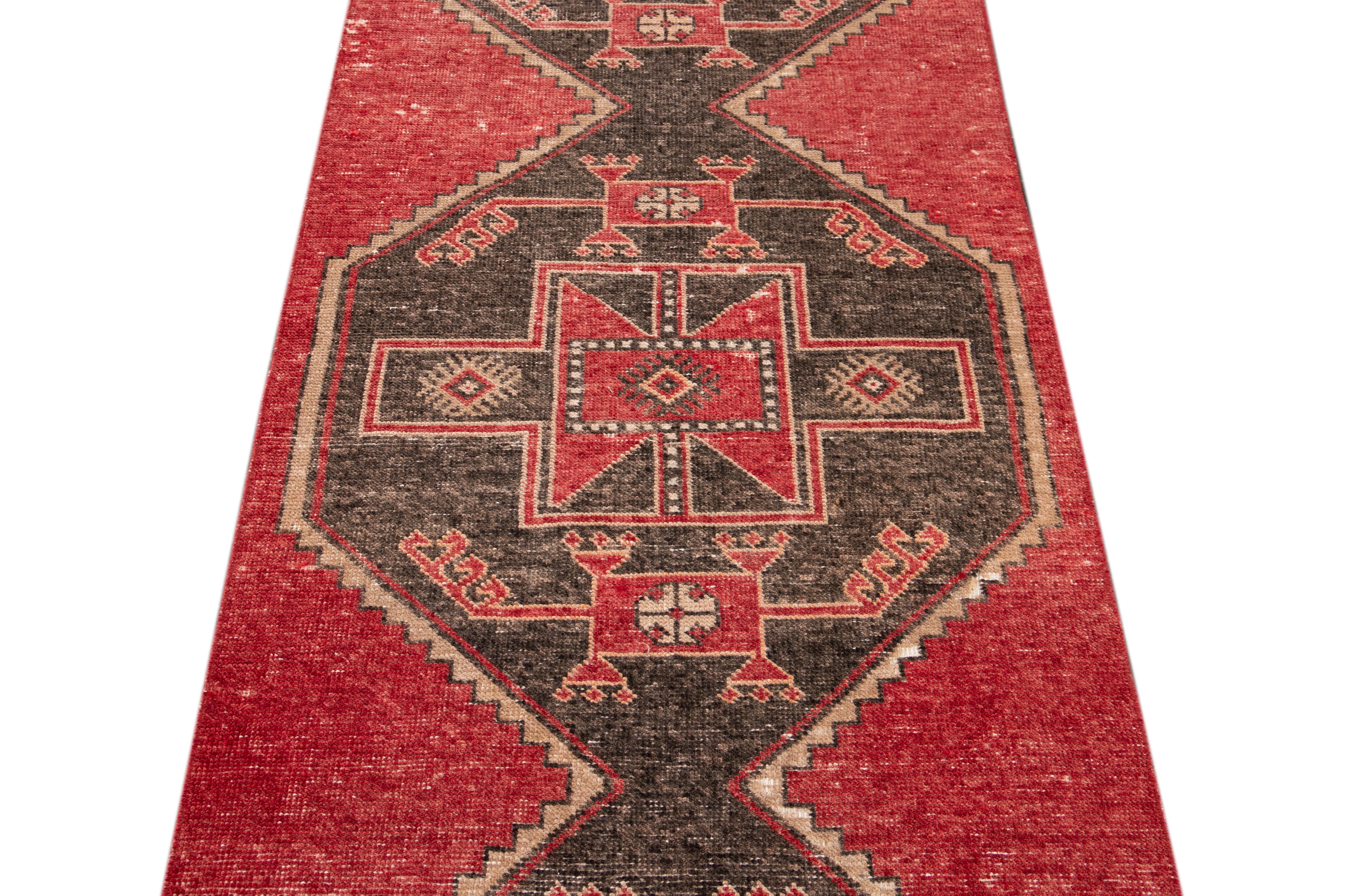 Red Vintage Turkish Geometric Wool Runner For Sale 4