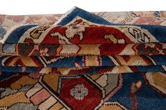 Red Vintage Turkish Handmade Navy Blue Wool Rug With Allover Motif