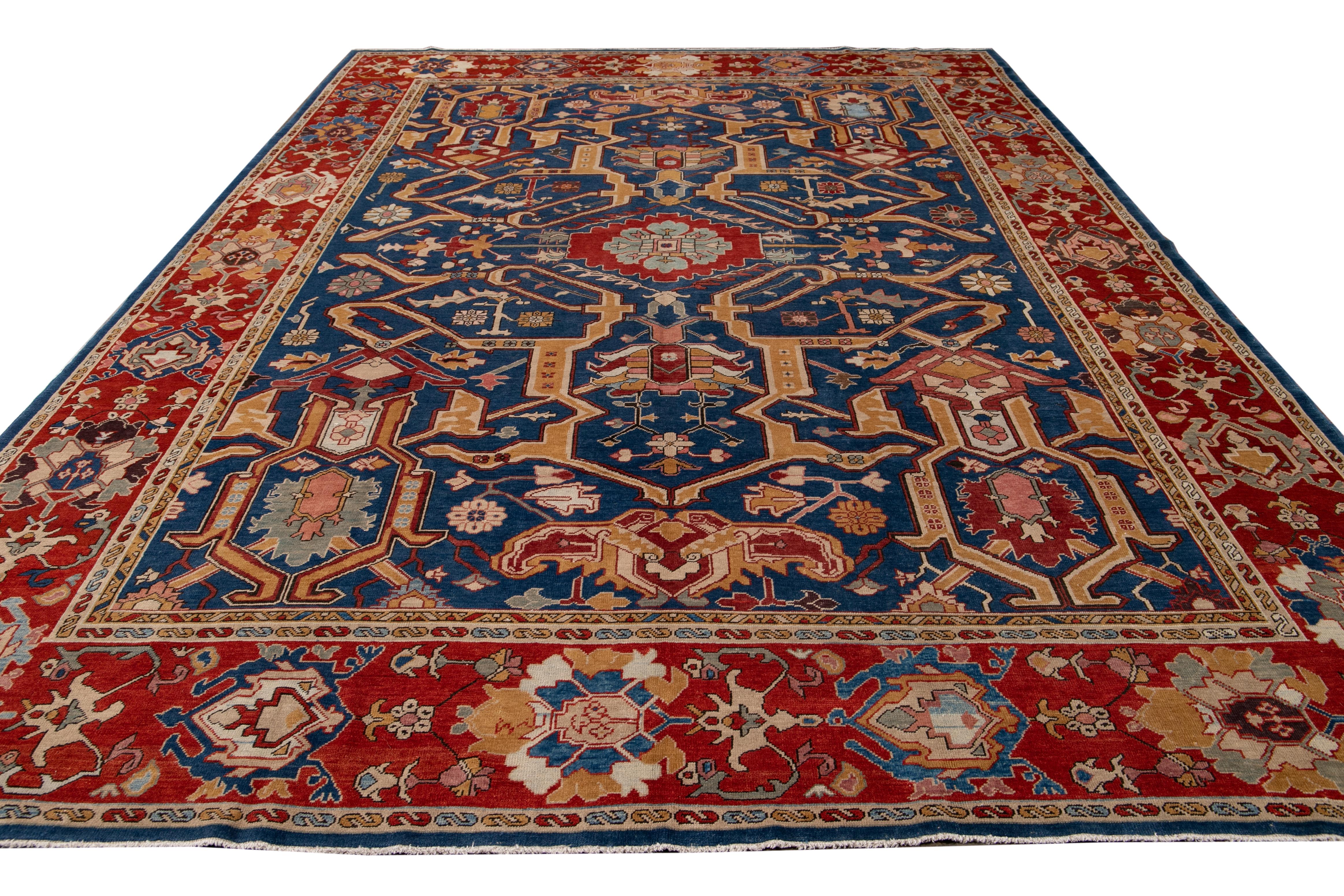 Oushak Red Vintage Turkish Handmade Navy Blue Wool Rug With Allover Motif For Sale