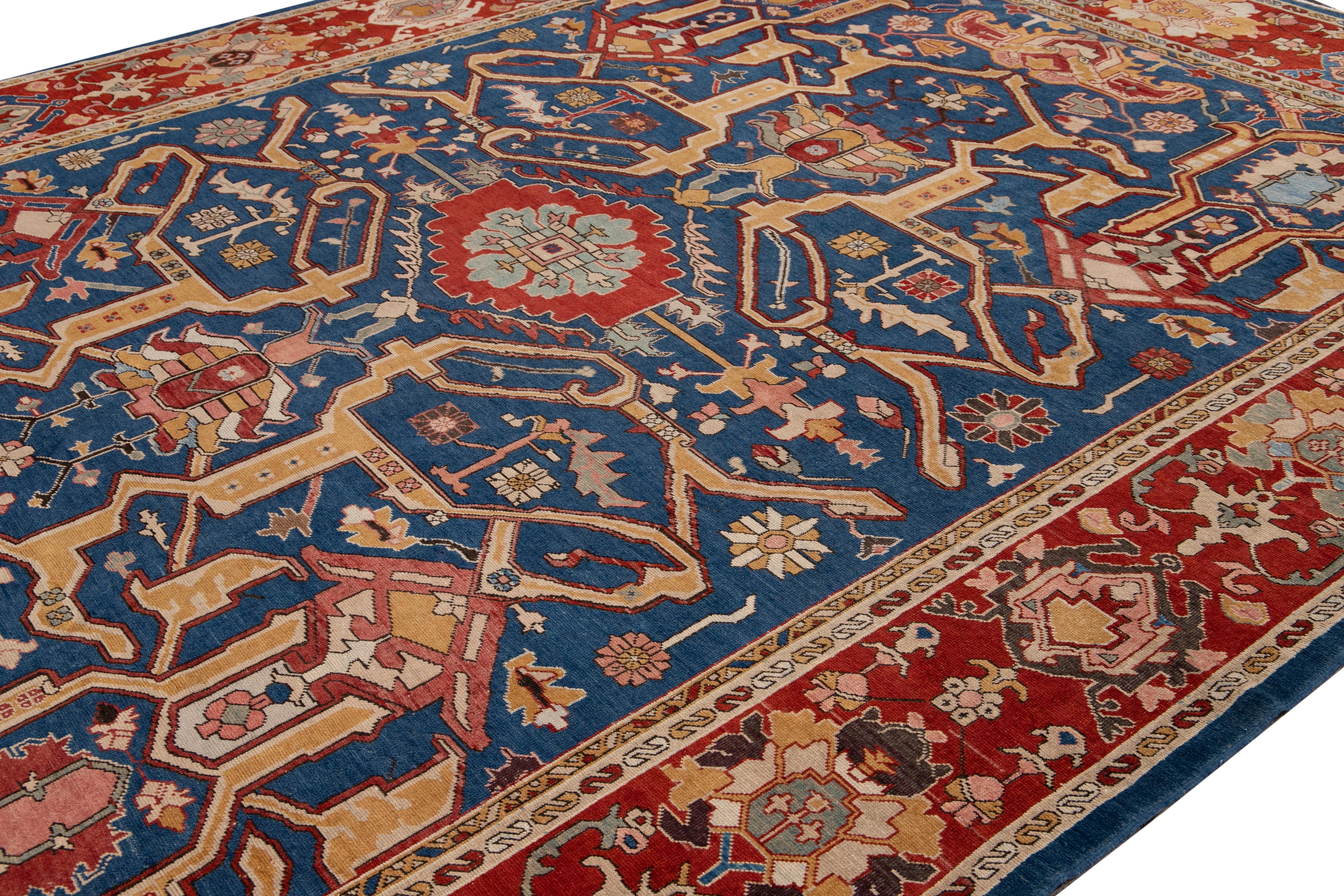 20th Century Red Vintage Turkish Handmade Navy Blue Wool Rug With Allover Motif For Sale