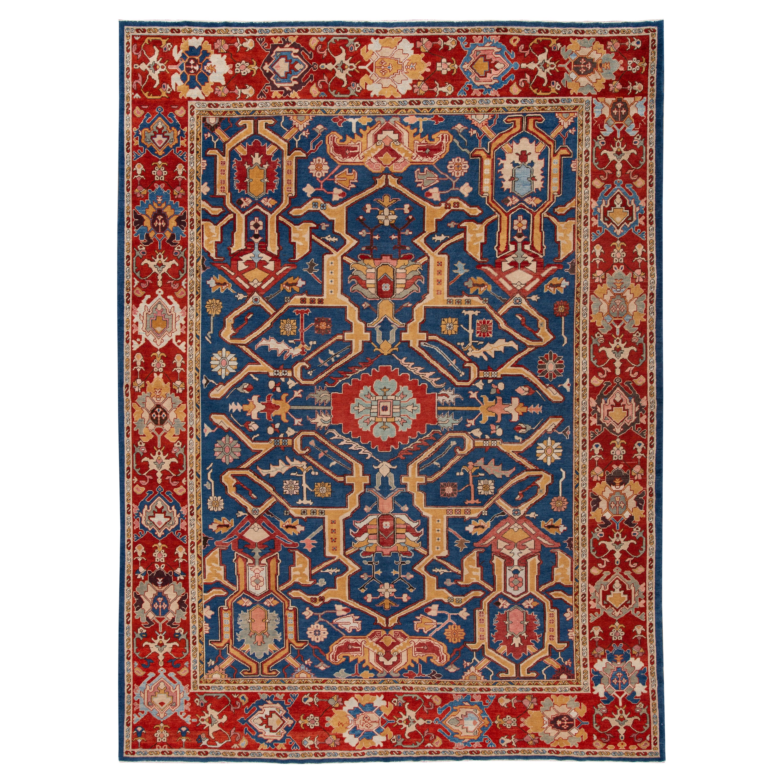 Alfombra Turca Vintage Roja De Lana Azul Marino Hecha A Mano Con Motivo Allover en venta