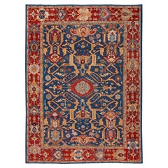 Tappeto rosso vintage turco fatto a mano in lana blu navy con motivo a trifoglio