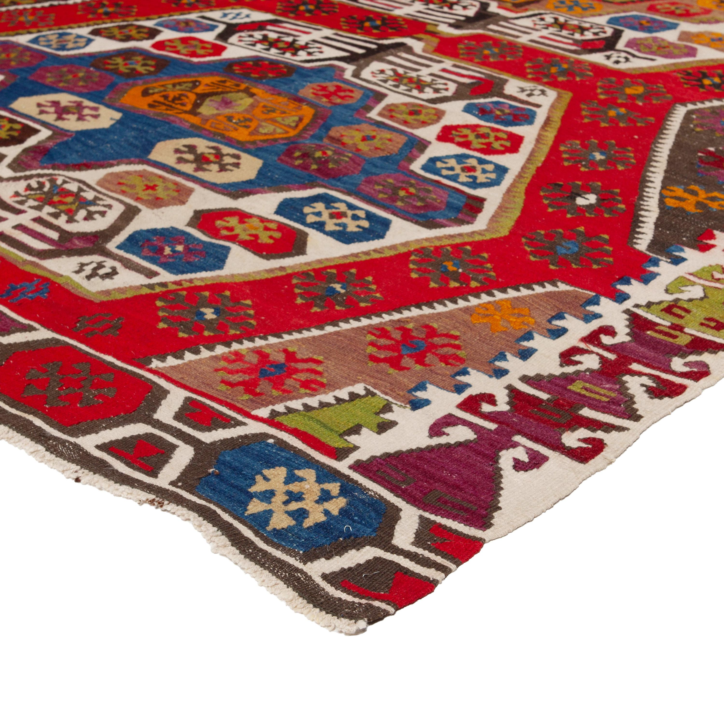 Hand-Woven abc carpet Red Vintage Wool Kilim Rug - 5'6