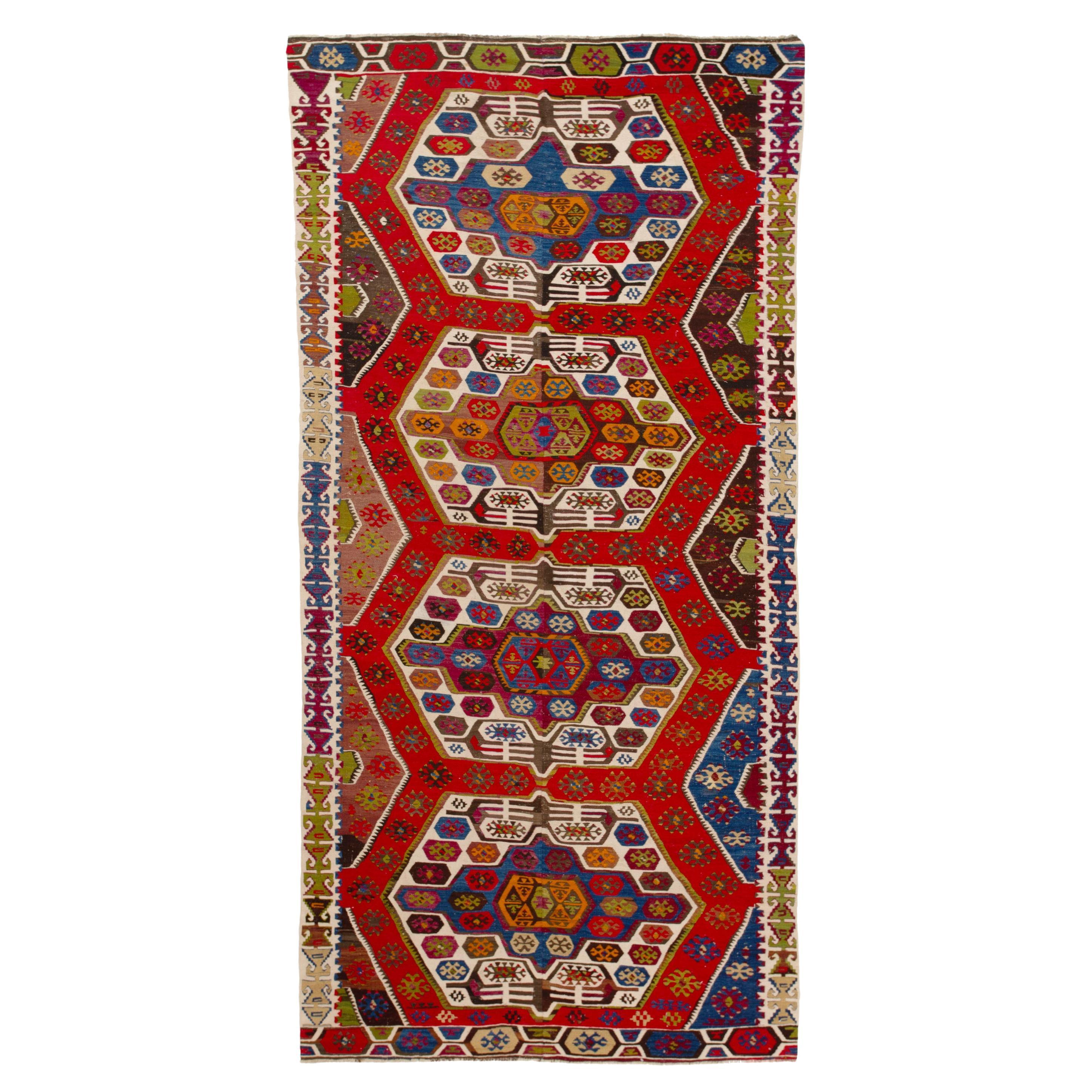abc carpet Red Vintage Wool Kilim Rug - 5'6" x 12'2" For Sale