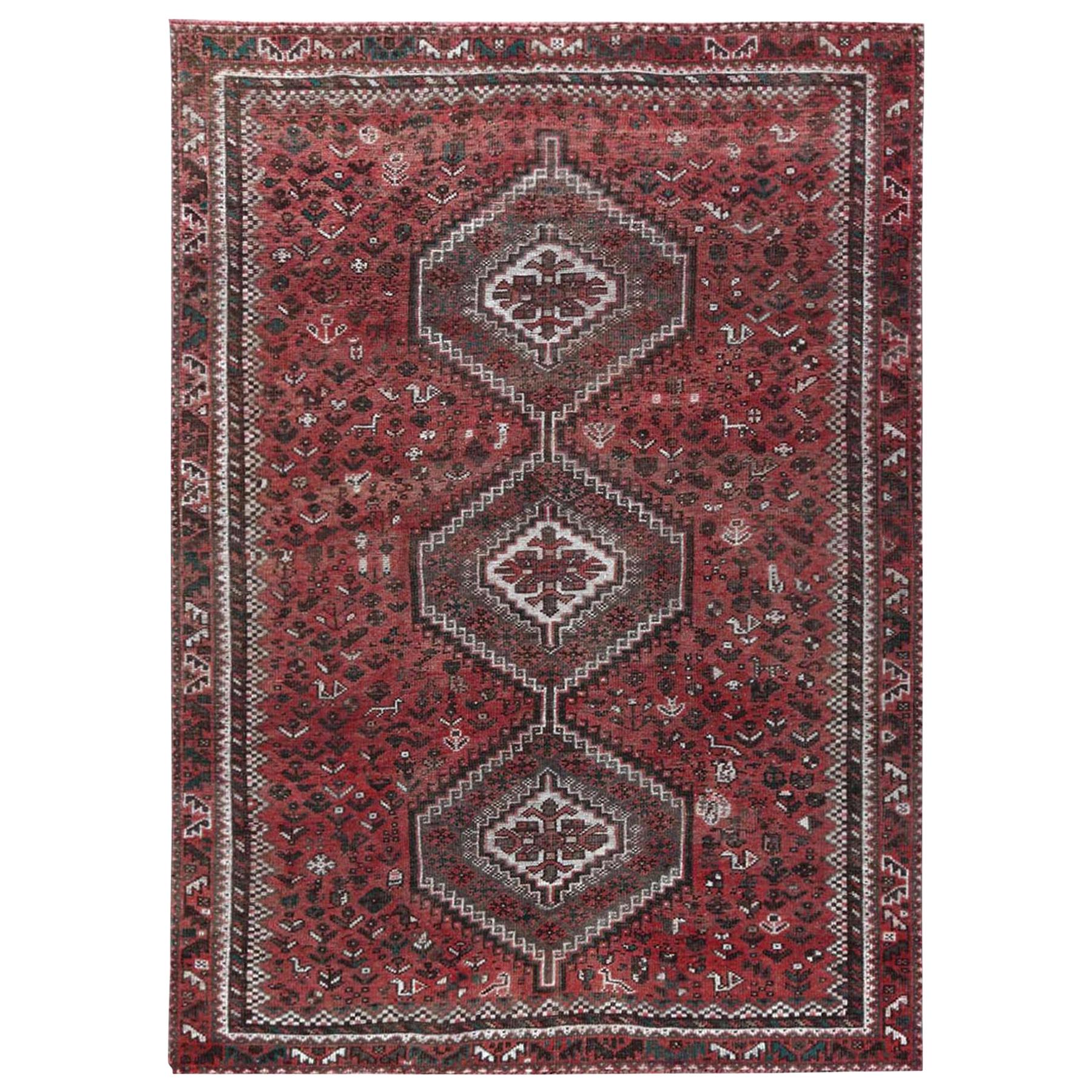Red Vintage and Worn Down Geometric Design Persian Shiraz Handmade Rug