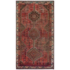 Red Vintage Worn Down Persian Shiraz with Large Elements Handmade Rug