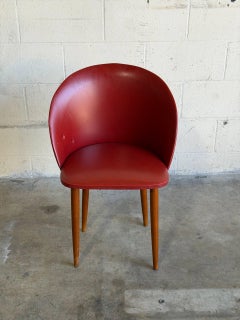 Red Vinyl Barrel Accent Chair with Tapered Wood Legs Mid-Century Modern 1960s