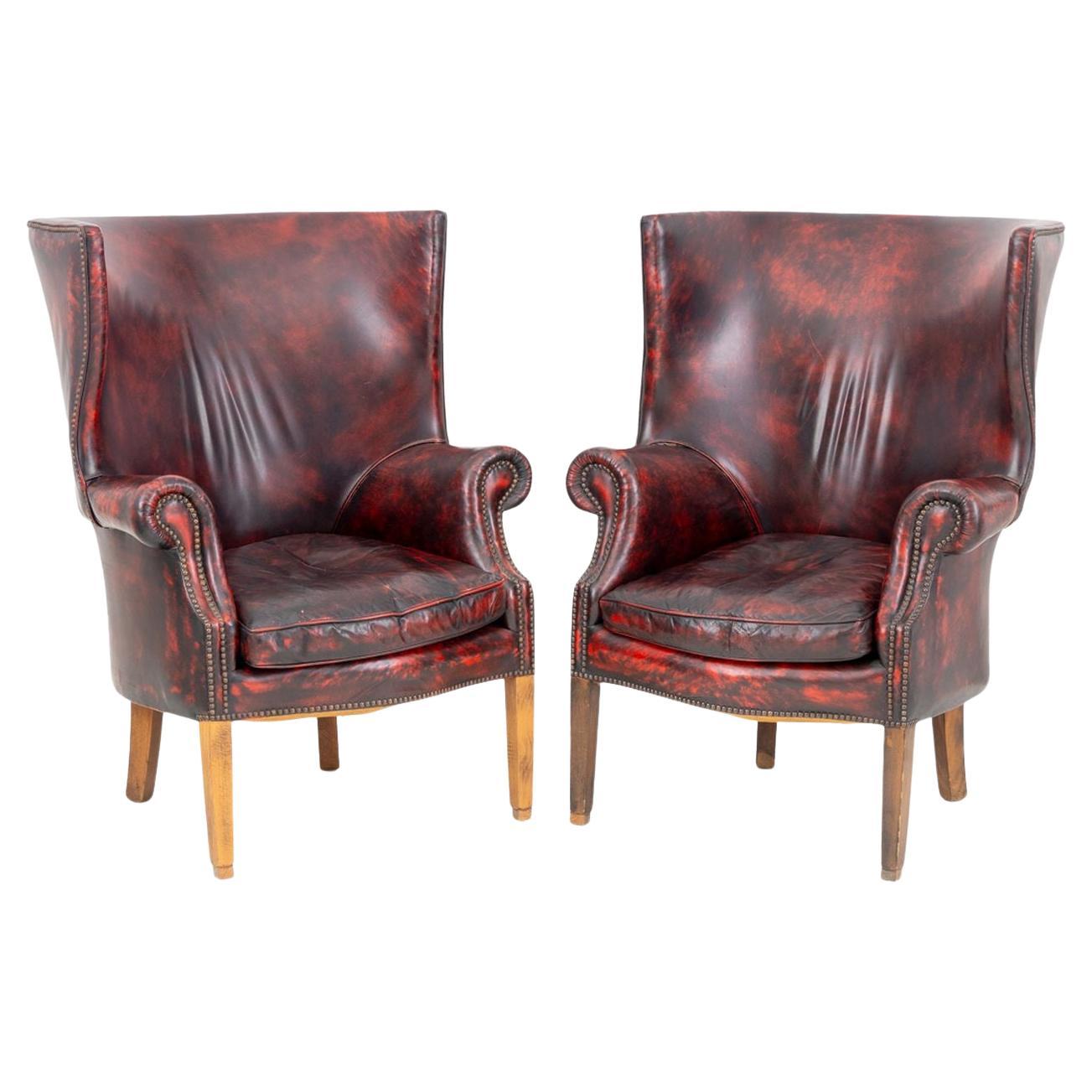 Poltrone ad ala imbottite in vinile rosso, coppia