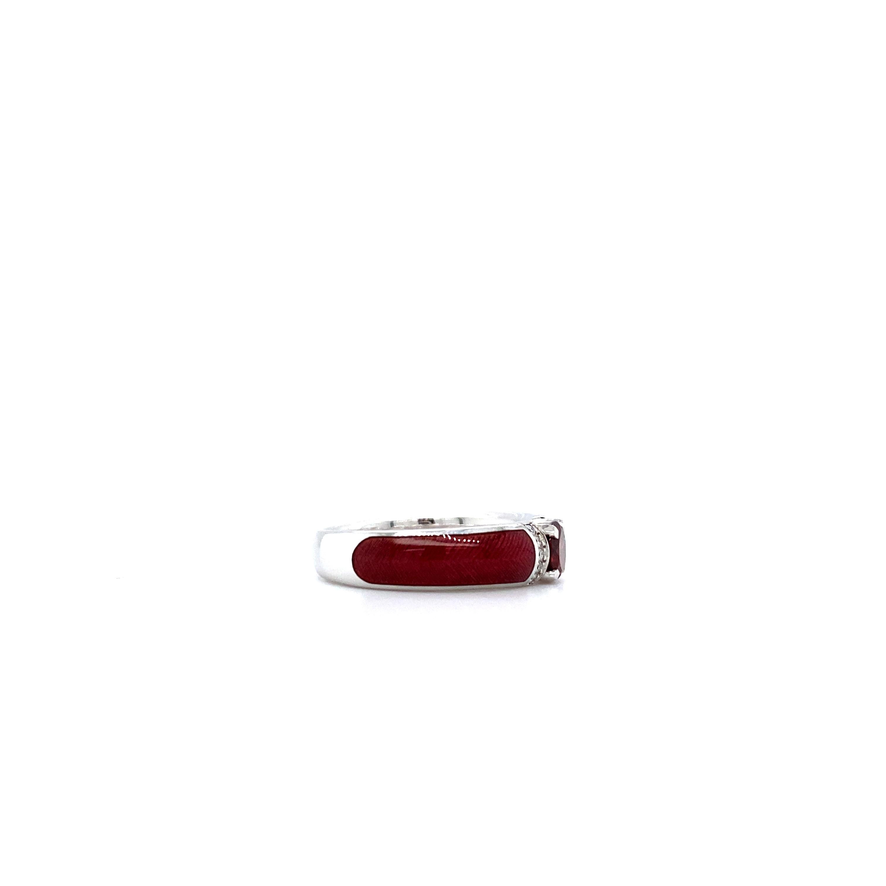 For Sale:  Red Vitreous Enamel Ring 18k White Gold 0, 5 ct Solitaire 10 Diamonds 0.05ct G VS 3
