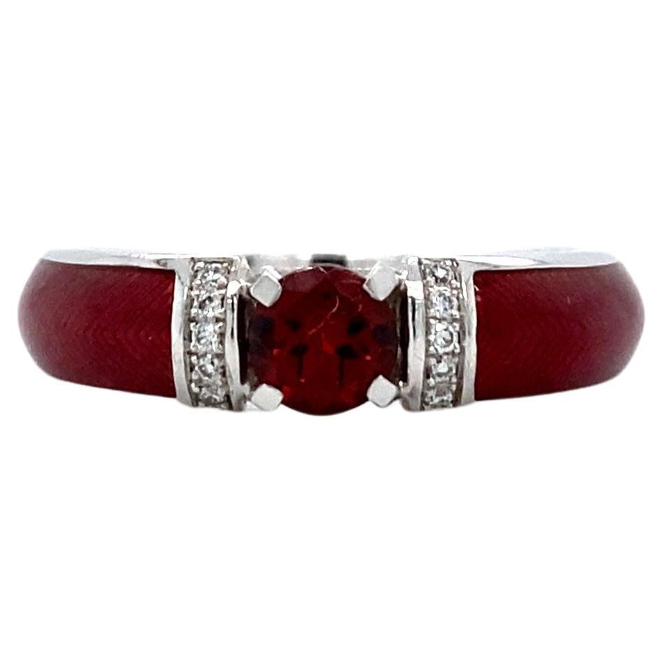 For Sale:  Red Vitreous Enamel Ring 18k White Gold 0, 5 ct Solitaire 10 Diamonds 0.05ct G VS