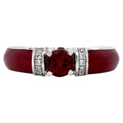 Red Vitreous Enamel Ring 18k White Gold 0, 5 ct Solitaire 10 Diamonds 0.05ct G VS