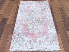 Red Washed Out Vintage Persian Kerman Sheared Low Pile Wool Hand Knotted Rug