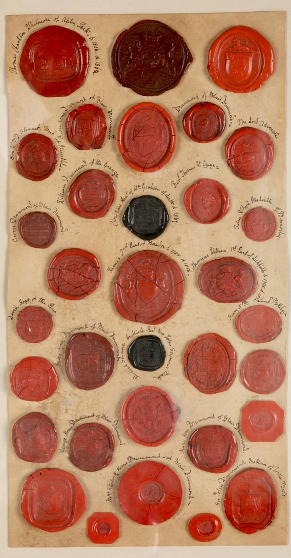 18th-19th century English and mostly Scottish collection of 33 red wax seals bearing the armorials and coats of arms of various personages. Many of the surname Drummond from Blair Drummond in Scotland. Each one a small piece of history from a time