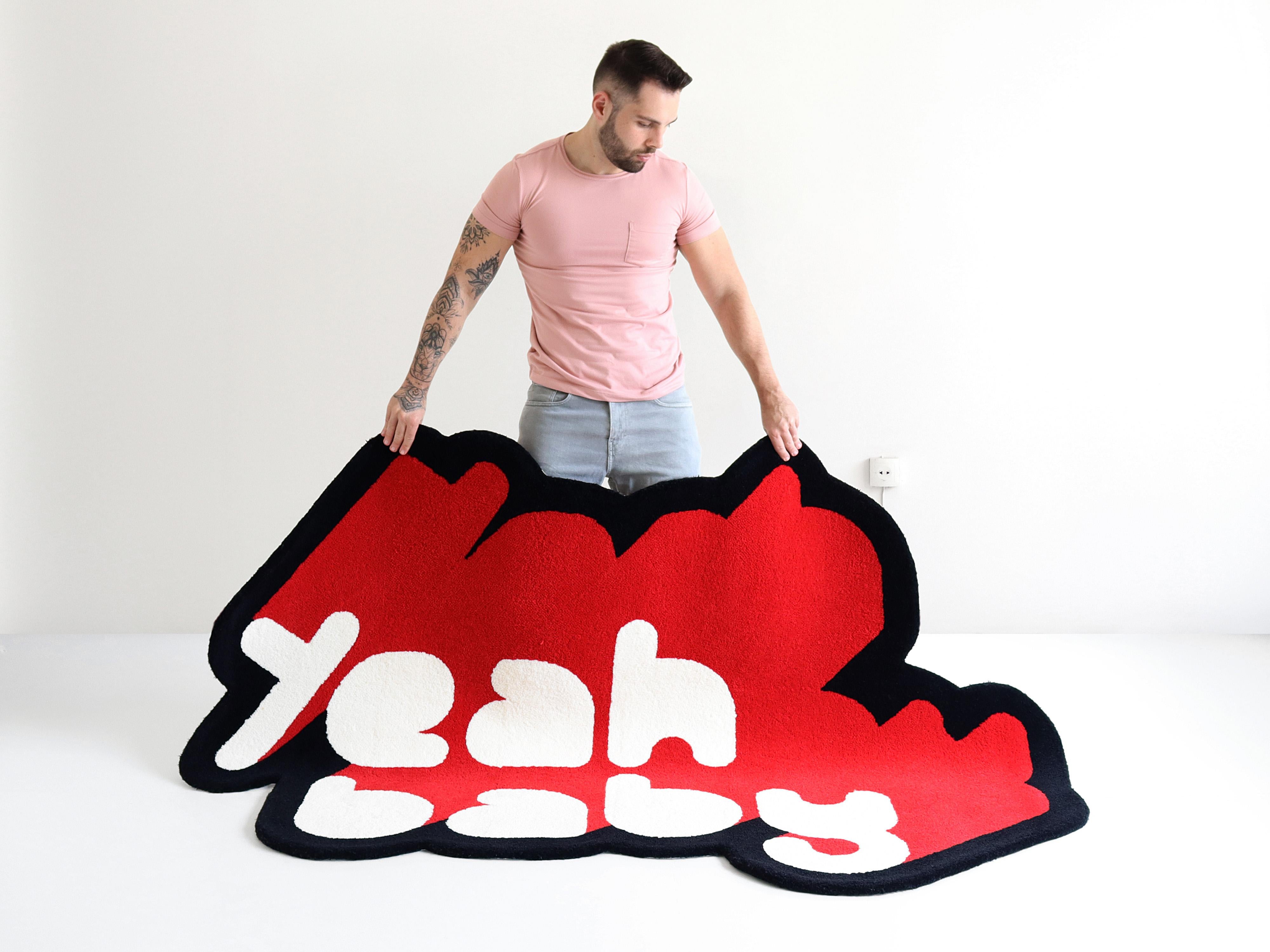 Machine-Made Red, White and Black Yeah Baby Rug from Graffiti Collection by Paulo Kobylka For Sale