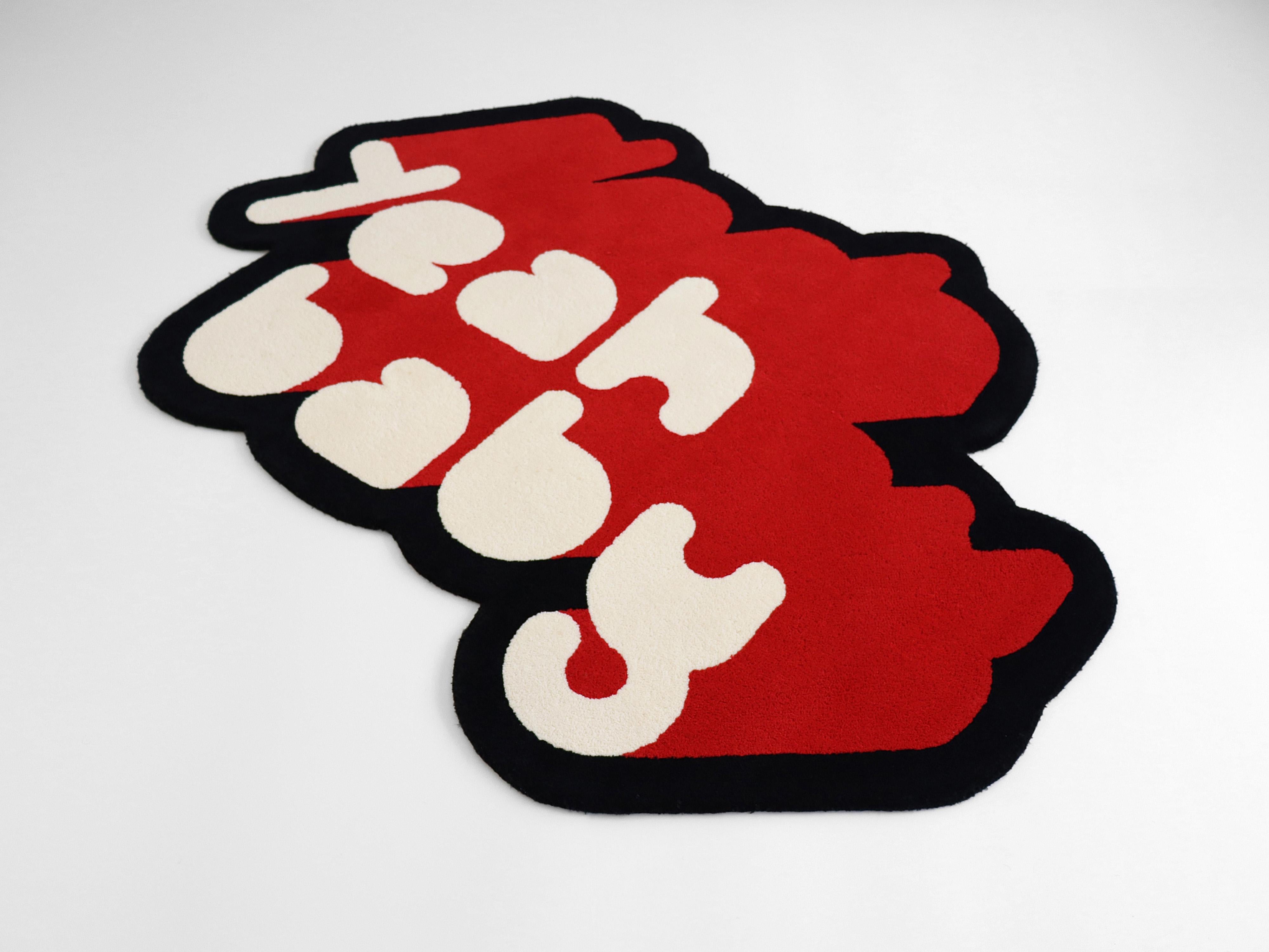 Red, White and Black Yeah Baby Rug from Graffiti Collection by Paulo Kobylka For Sale 1