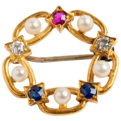 Red, White and Blue Brooch with, Ruby, Sapphire, Diamonds and Pearls, circa 1950