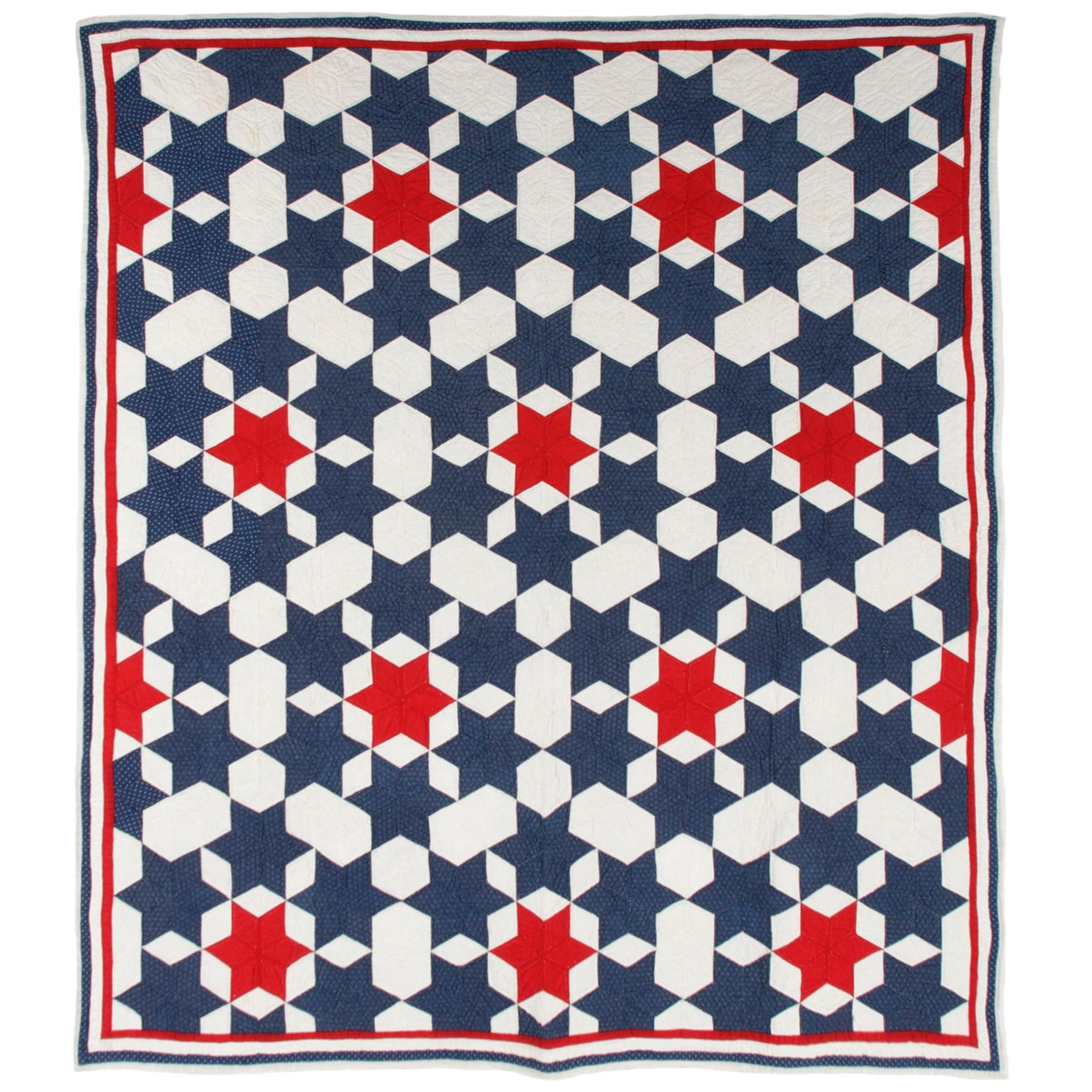 Red, White, & Blue Calico "Seven Sisters" Patriotic Star Quilt, circa 1890-1910