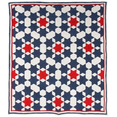 Antique Red, White, & Blue Calico "Seven Sisters" Patriotic Star Quilt, circa 1890-1910