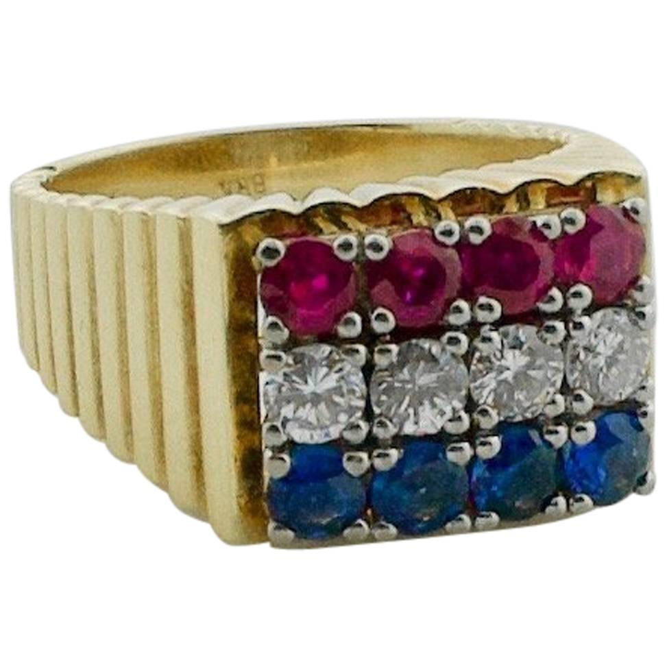Red-White and Blue Diamond Sapphire and Ruby Ring in 18 Karat
