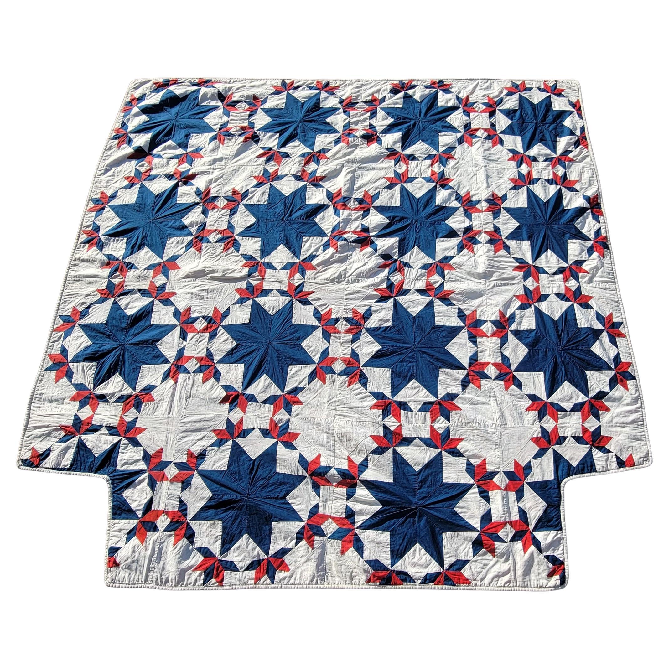 Red White and Blue Eight Point Star Quilt For Sale