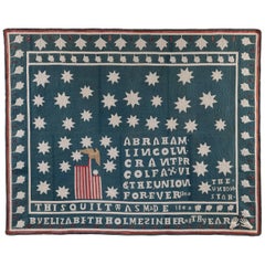 Antique Red White and Blue Patriotic Pieced Appliqued and Stuffed Cotton Quilt